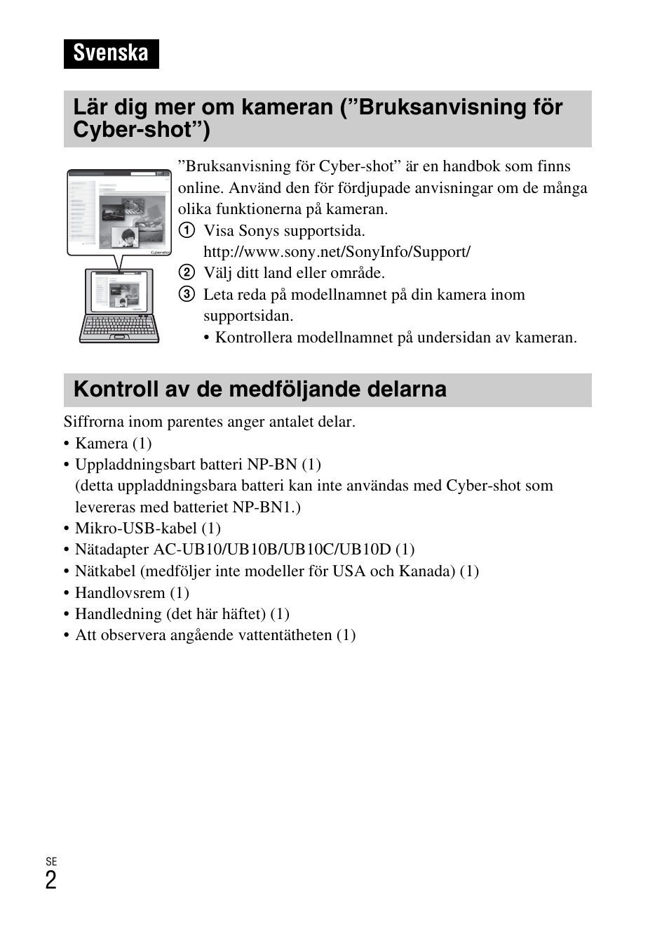 Svenska, Kontroll av de medföljande delarna | Sony DSC-TX30 User Manual | Page 396 / 643