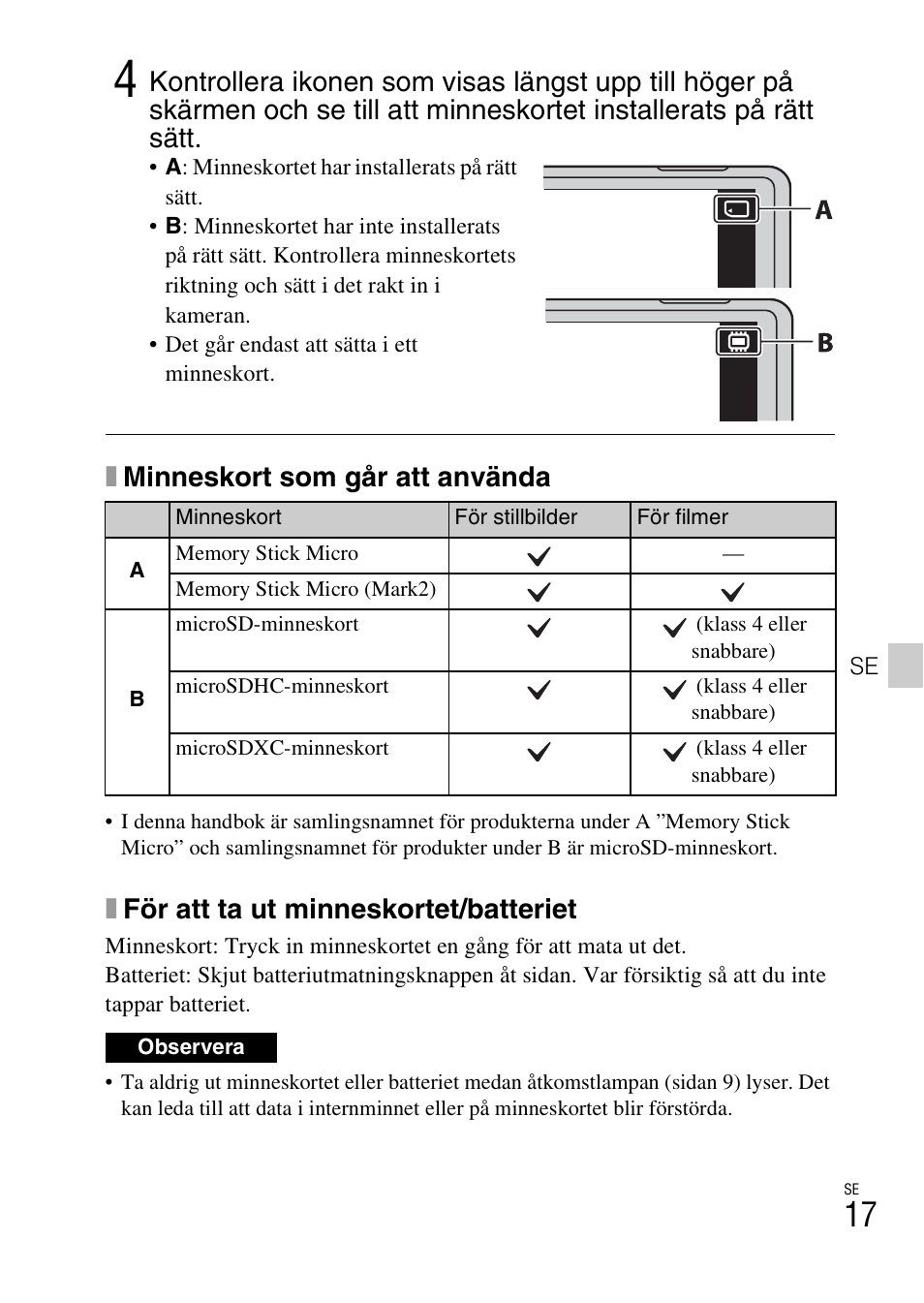 Xminneskort som går att använda, Xför att ta ut minneskortet/batteriet | Sony DSC-TX30 User Manual | Page 411 / 643