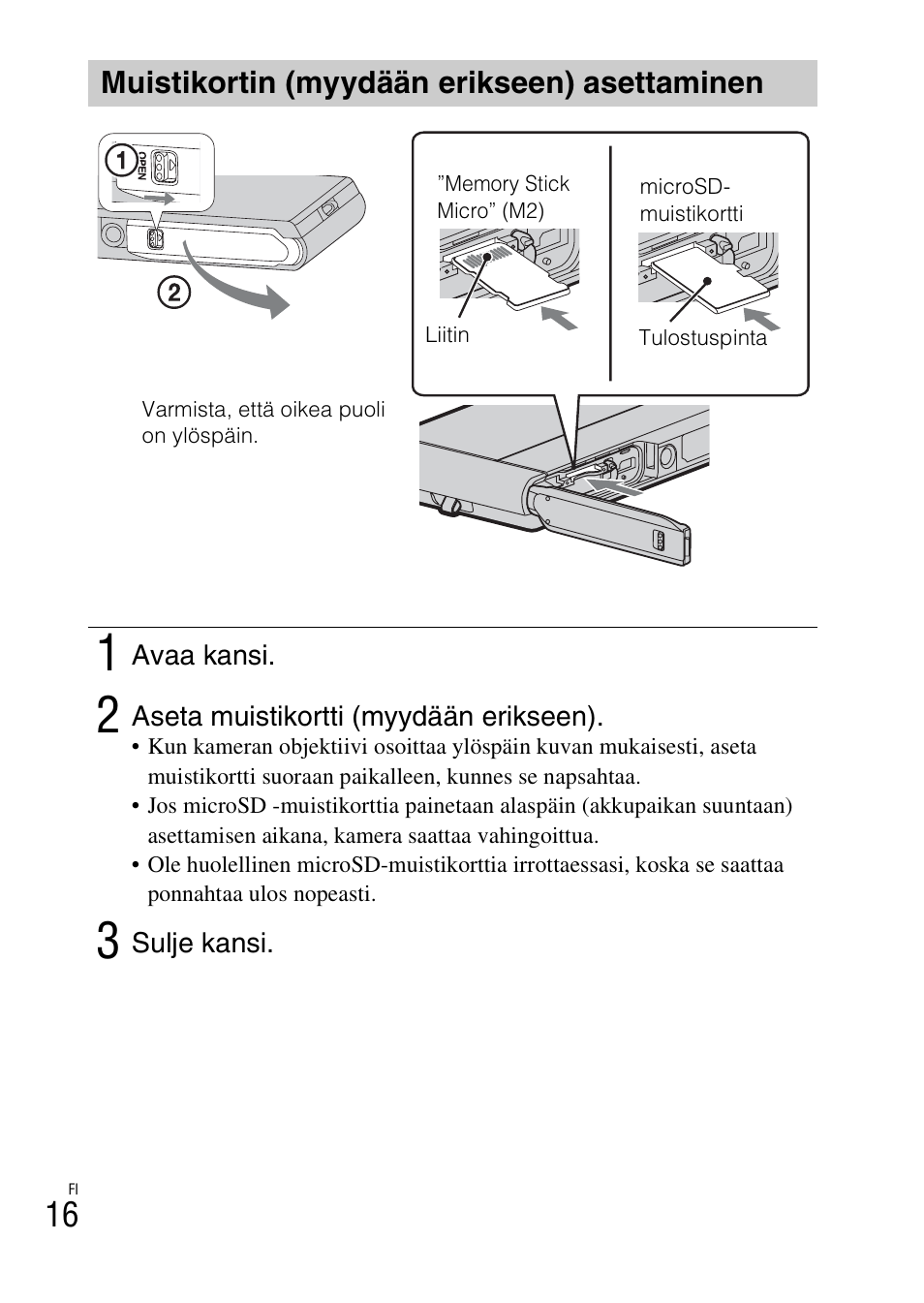 Muistikortin (myydään erikseen) asettaminen | Sony DSC-TX30 User Manual | Page 444 / 643