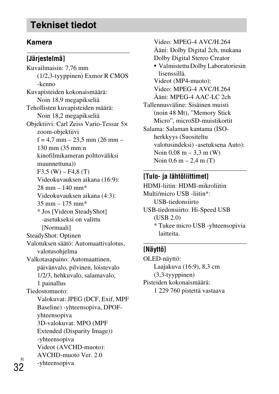 Tekniset tiedot | Sony DSC-TX30 User Manual | Page 460 / 643