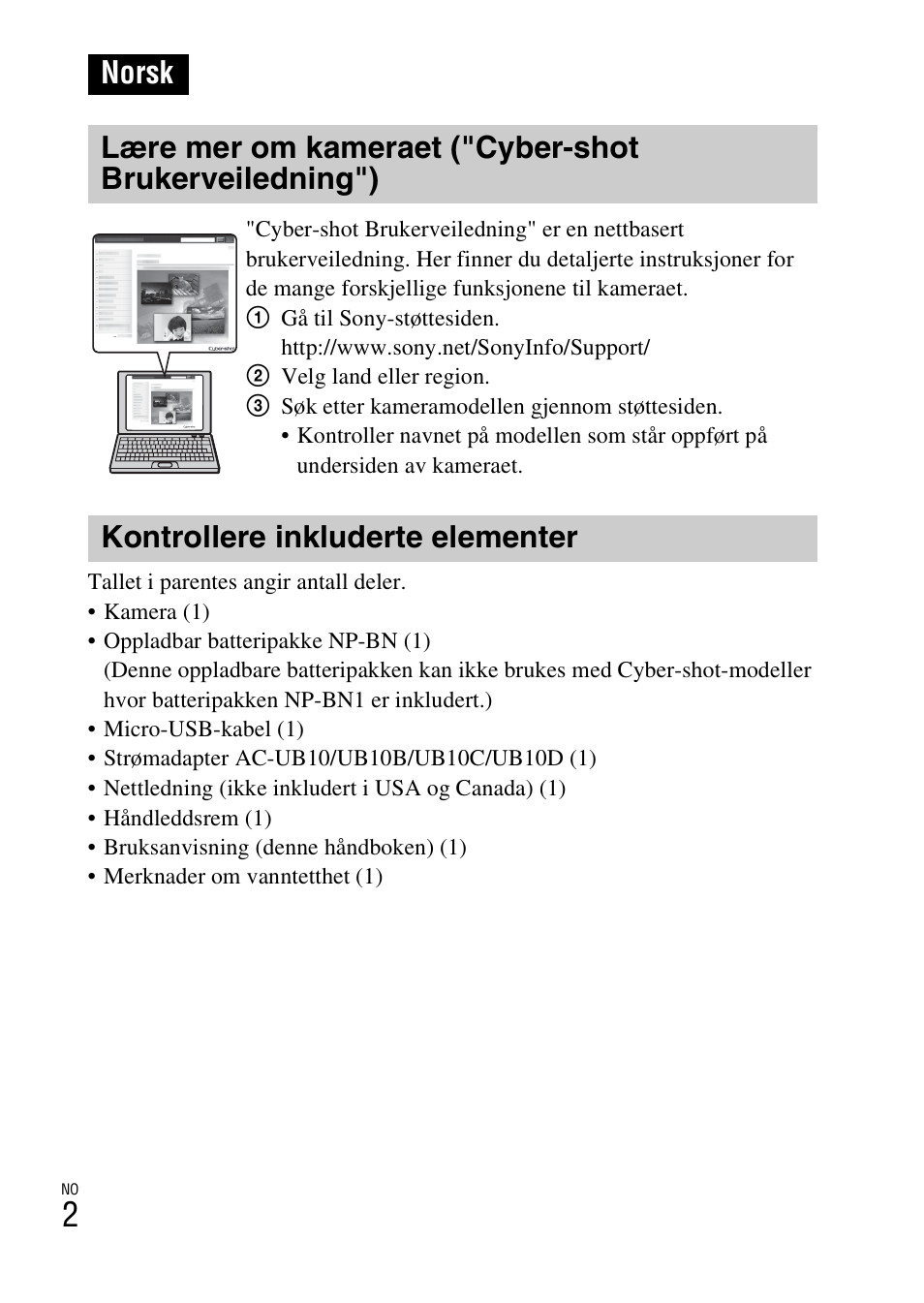 Norsk, Kontrollere inkluderte elementer | Sony DSC-TX30 User Manual | Page 464 / 643