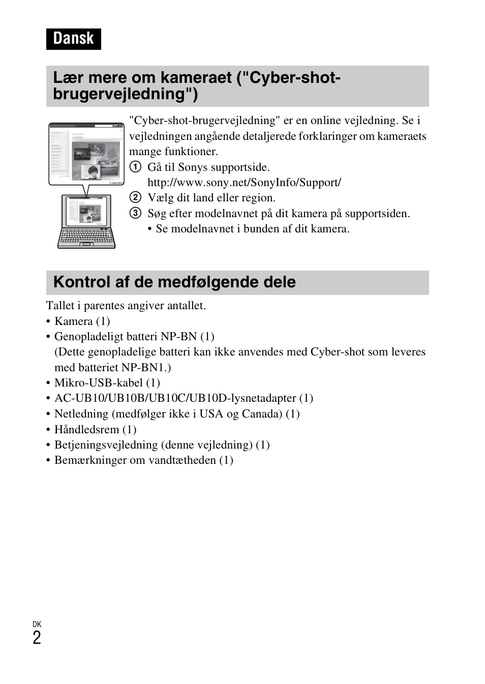 Dansk, Kontrol af de medfølgende dele | Sony DSC-TX30 User Manual | Page 498 / 643