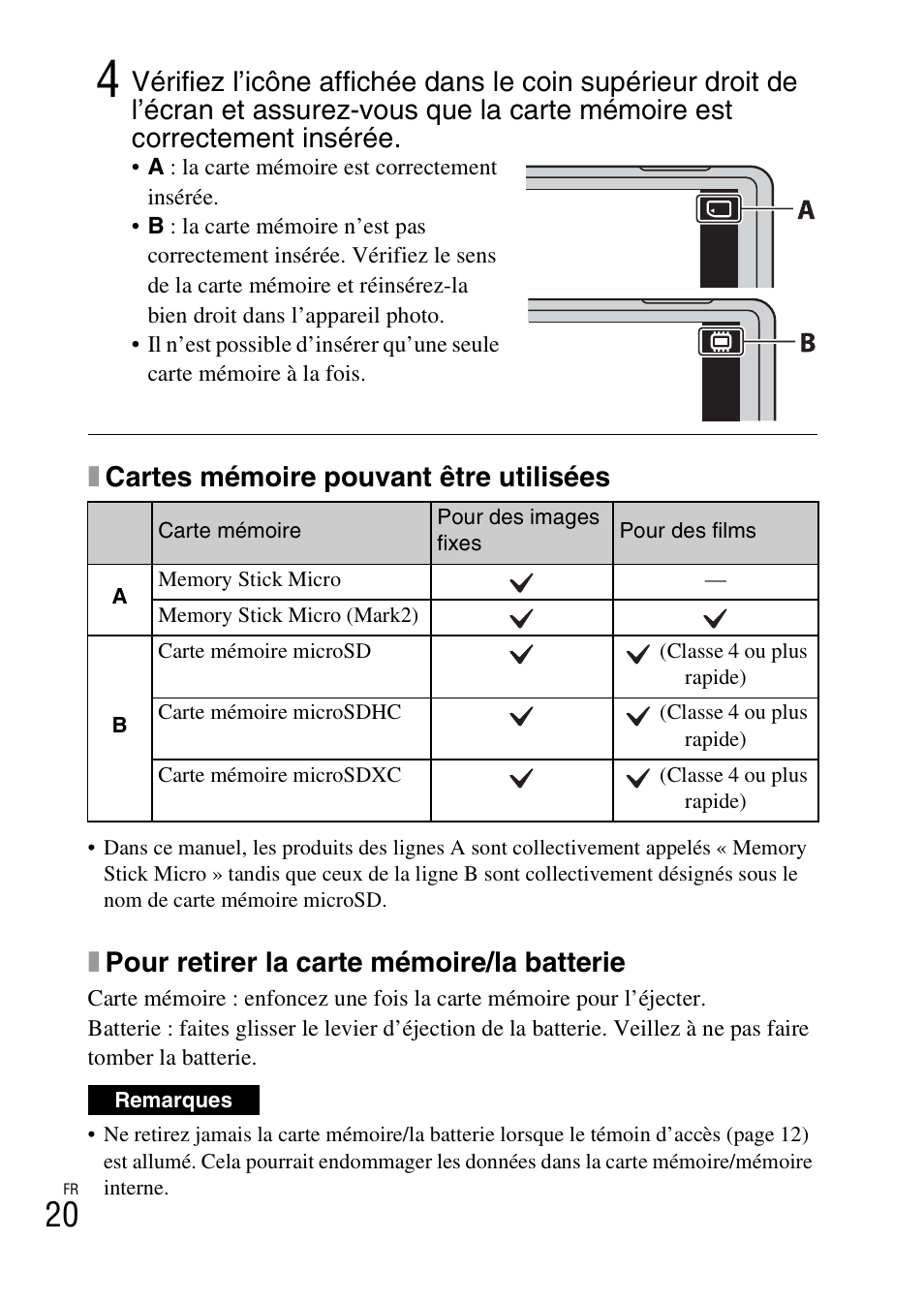 Xcartes mémoire pouvant être utilisées, Xpour retirer la carte mémoire/la batterie | Sony DSC-TX30 User Manual | Page 56 / 643