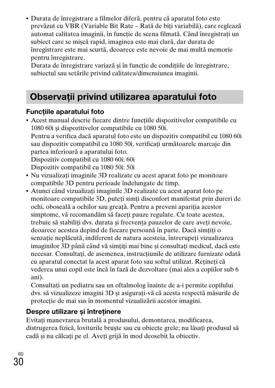 Observaţii privind utilizarea aparatului foto | Sony DSC-TX30 User Manual | Page 594 / 643