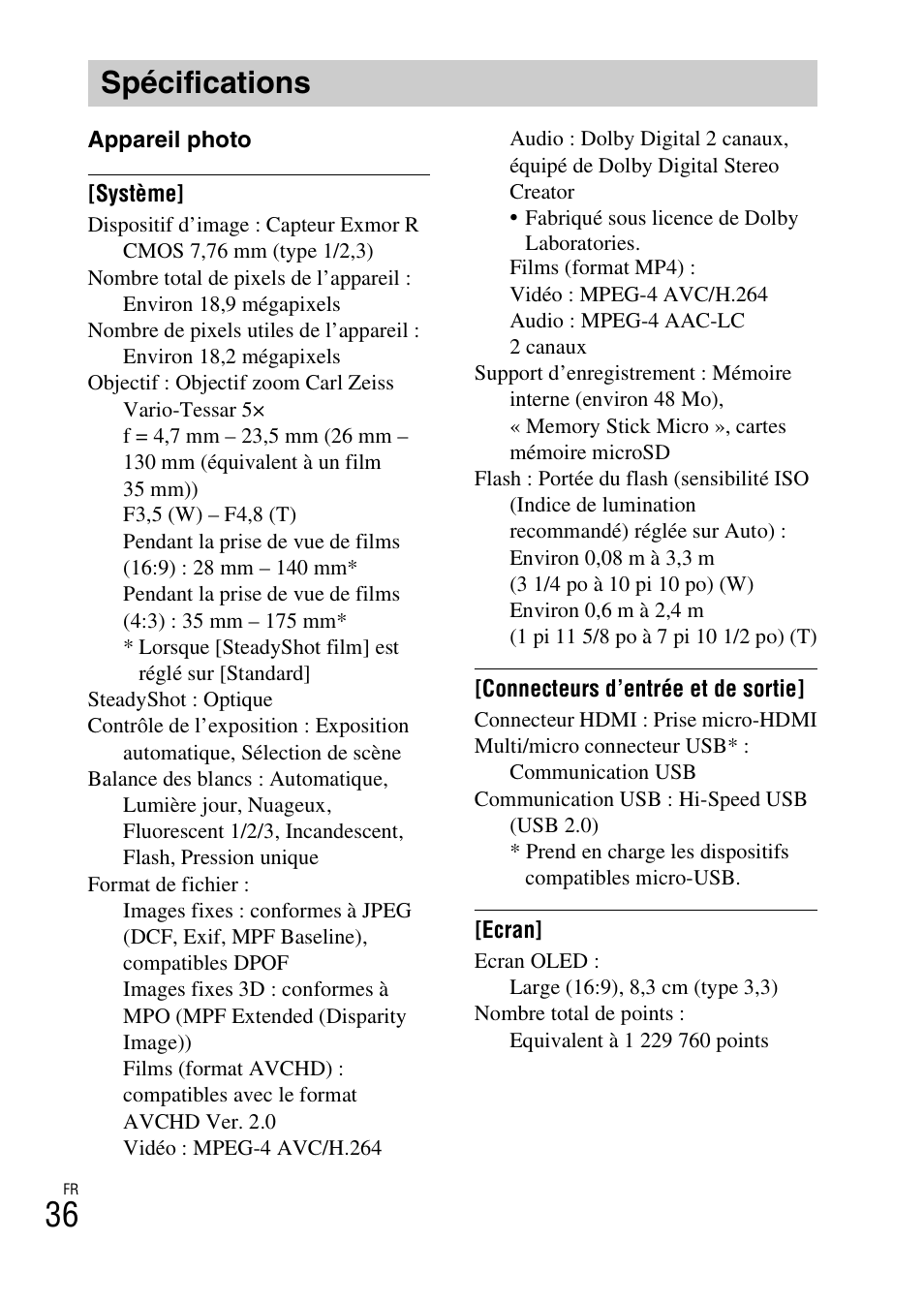 Spécifications | Sony DSC-TX30 User Manual | Page 72 / 643