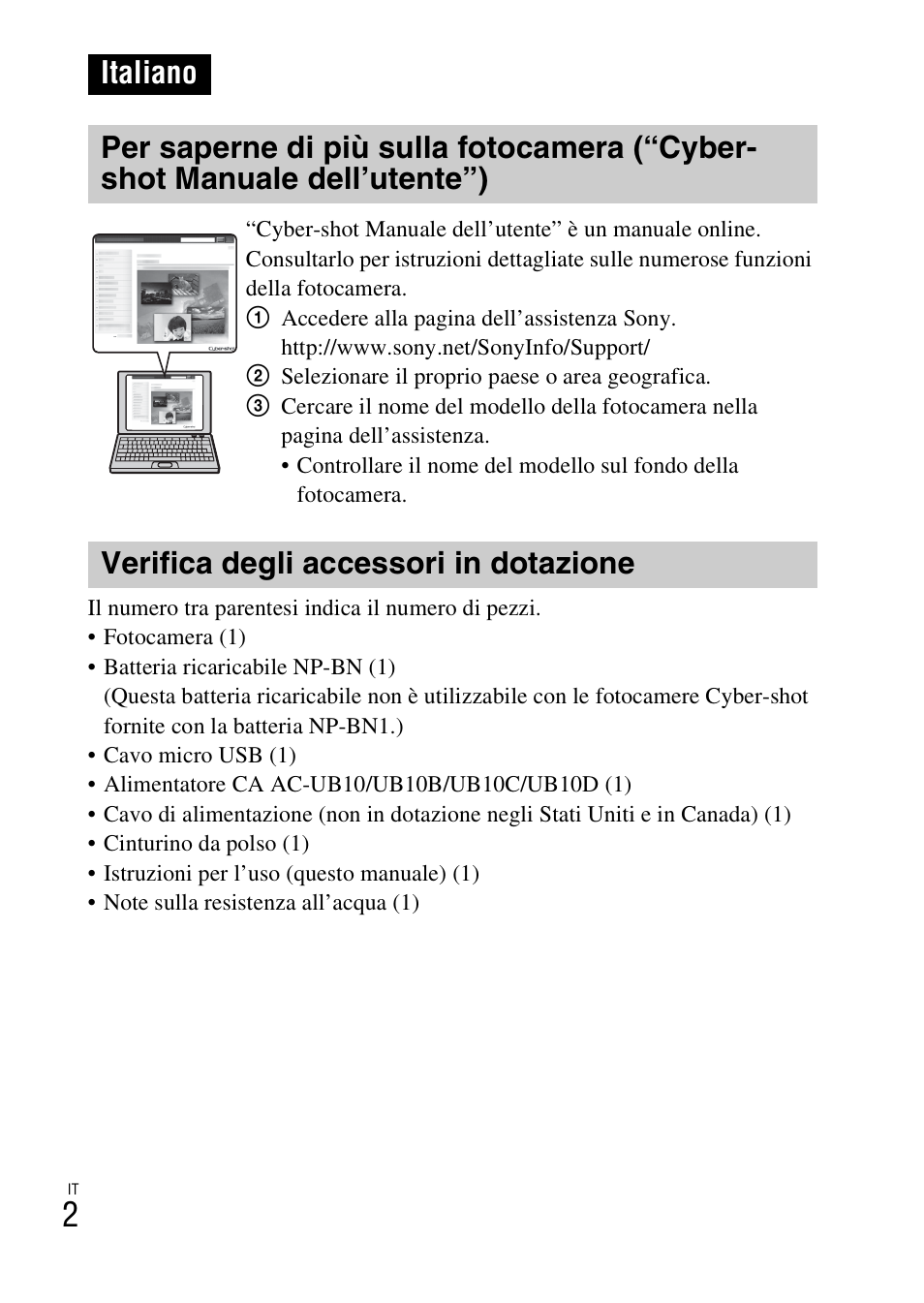 Italiano, Verifica degli accessori in dotazione | Sony DSC-TX30 User Manual | Page 76 / 643