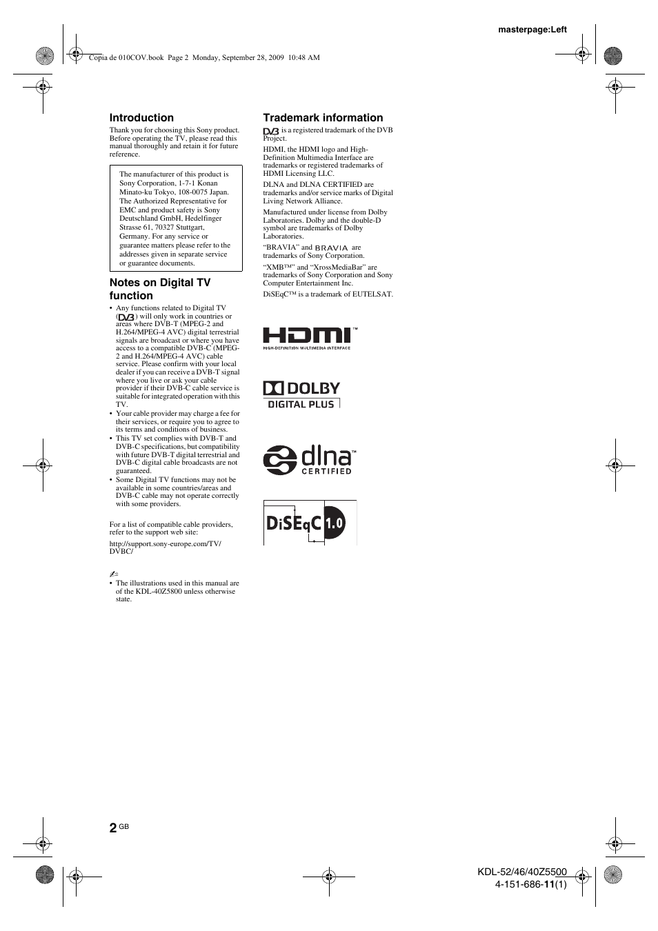Introduction, Trademark information | Sony KDL-52Z5800 User Manual | Page 2 / 175