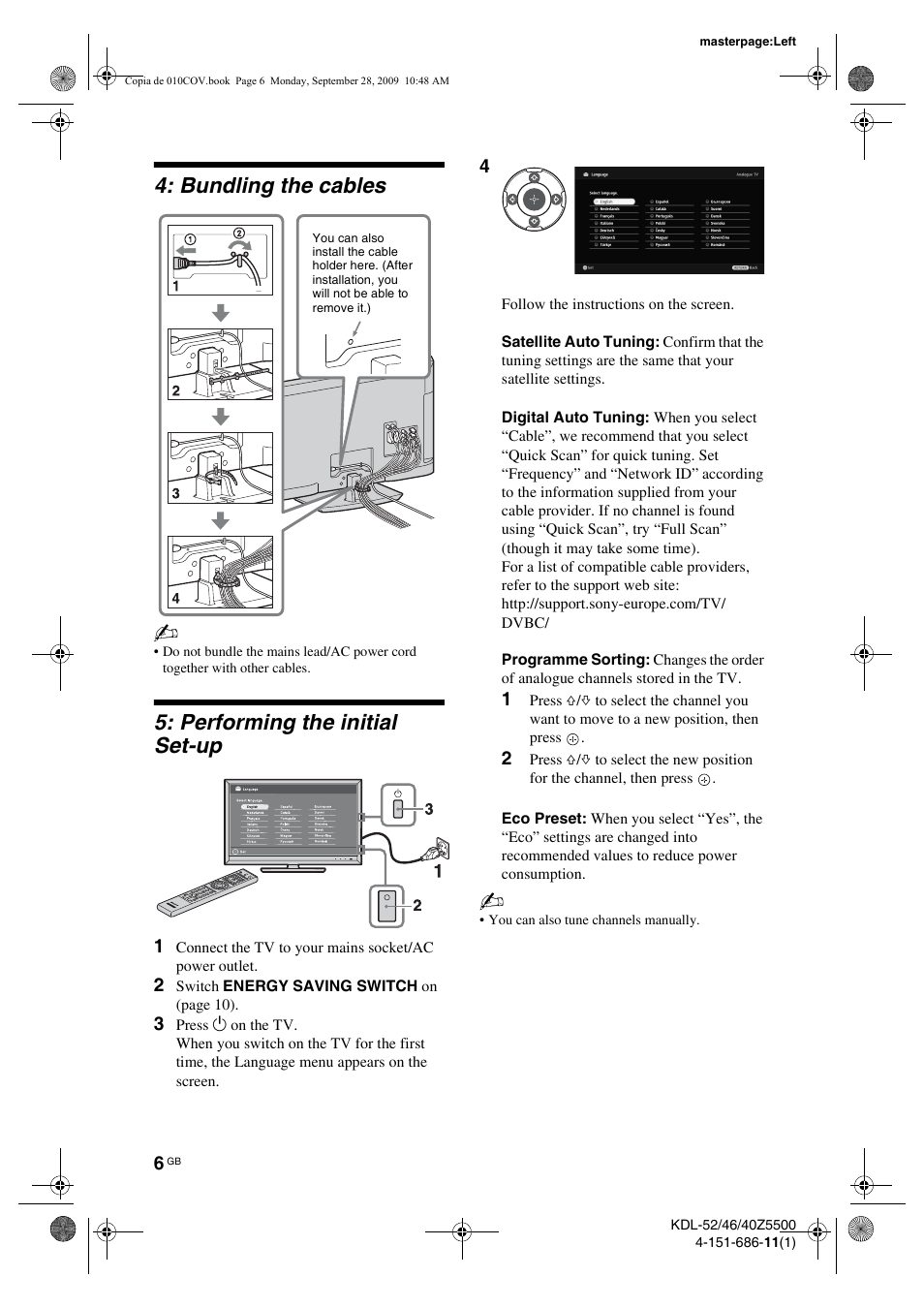 Bundling the cables, Performing the initial set-up | Sony KDL-52Z5800 User Manual | Page 6 / 175
