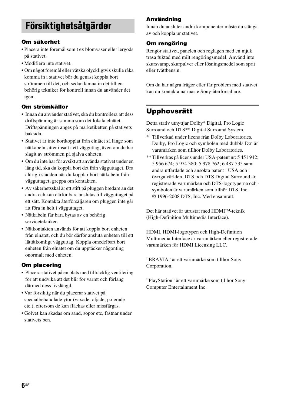 Försiktighetsåtgärder, Upphovsrätt | Sony RHT-G1550 User Manual | Page 102 / 196