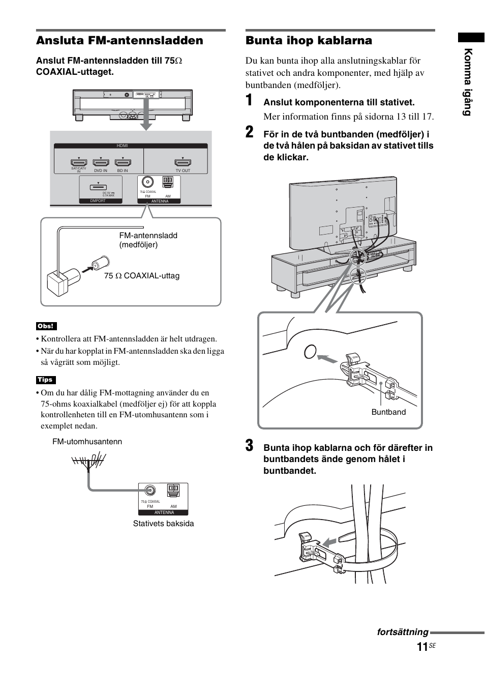 Ansluta fm-antennsladden, Bunta ihop kablarna, Ko mm a ig ång | Mer information finns på sidorna 13 ti ll 17 | Sony RHT-G1550 User Manual | Page 107 / 196