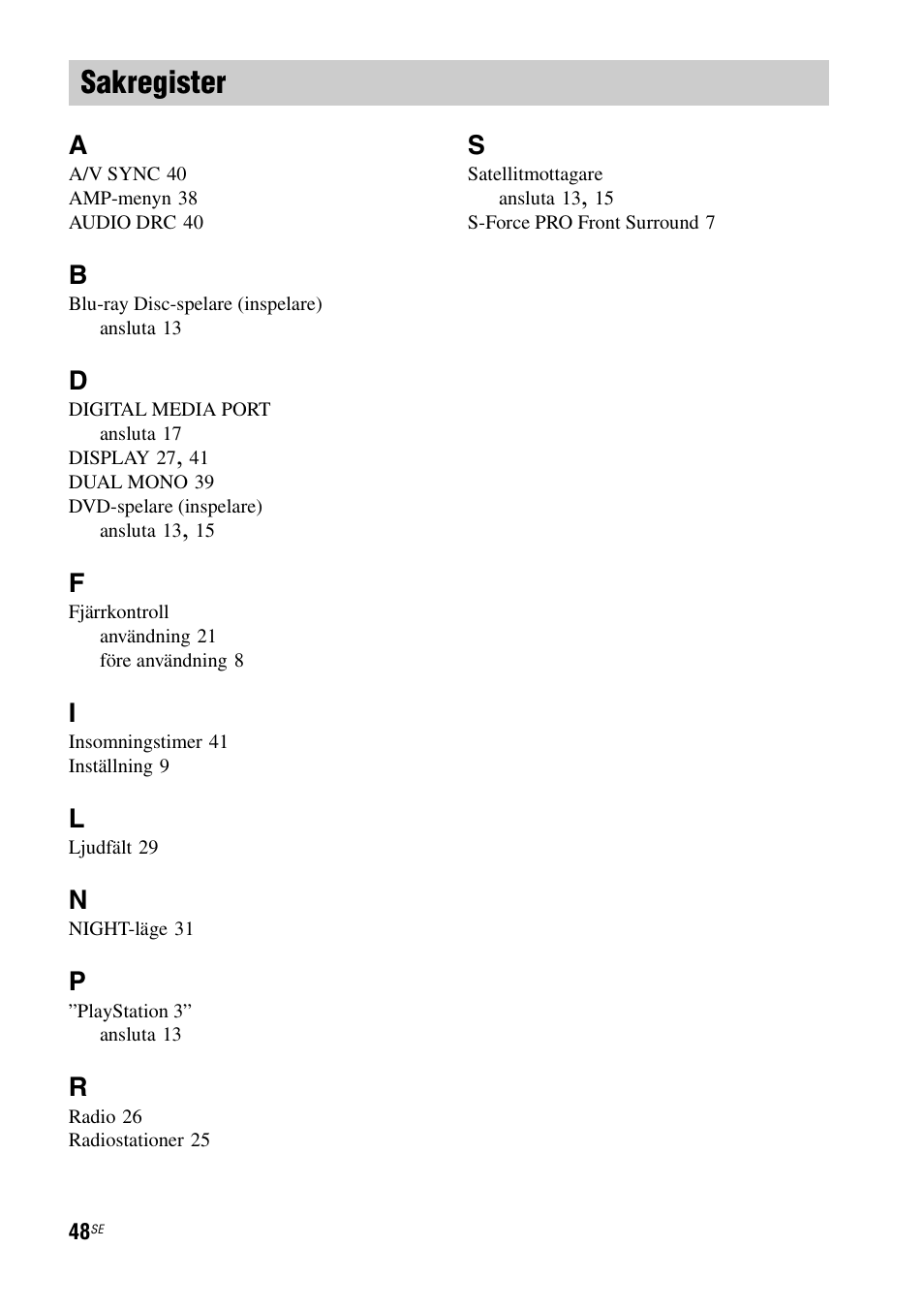 Sakregister | Sony RHT-G1550 User Manual | Page 144 / 196
