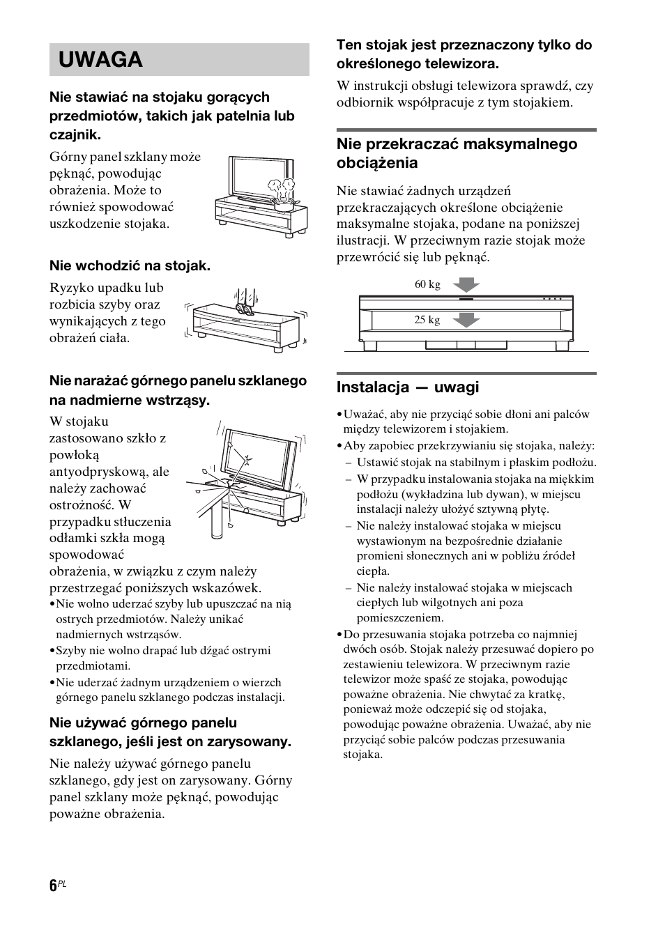 Uwaga, Nie przekraczać maksymalnego obciążenia, Instalacja — uwagi | Sony RHT-G1550 User Manual | Page 150 / 196