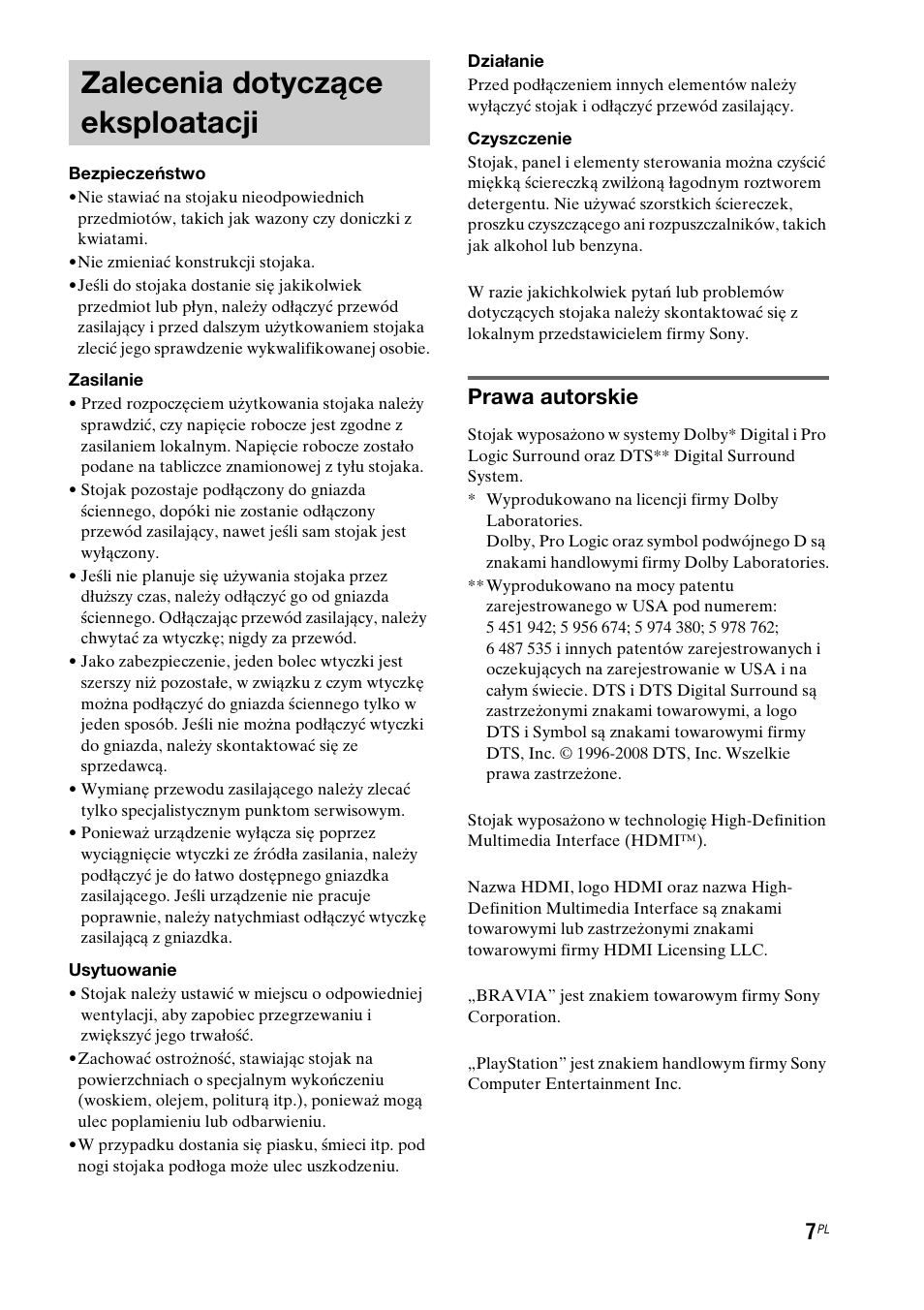 Zalecenia dotyczące eksploatacji, Prawa autorskie | Sony RHT-G1550 User Manual | Page 151 / 196