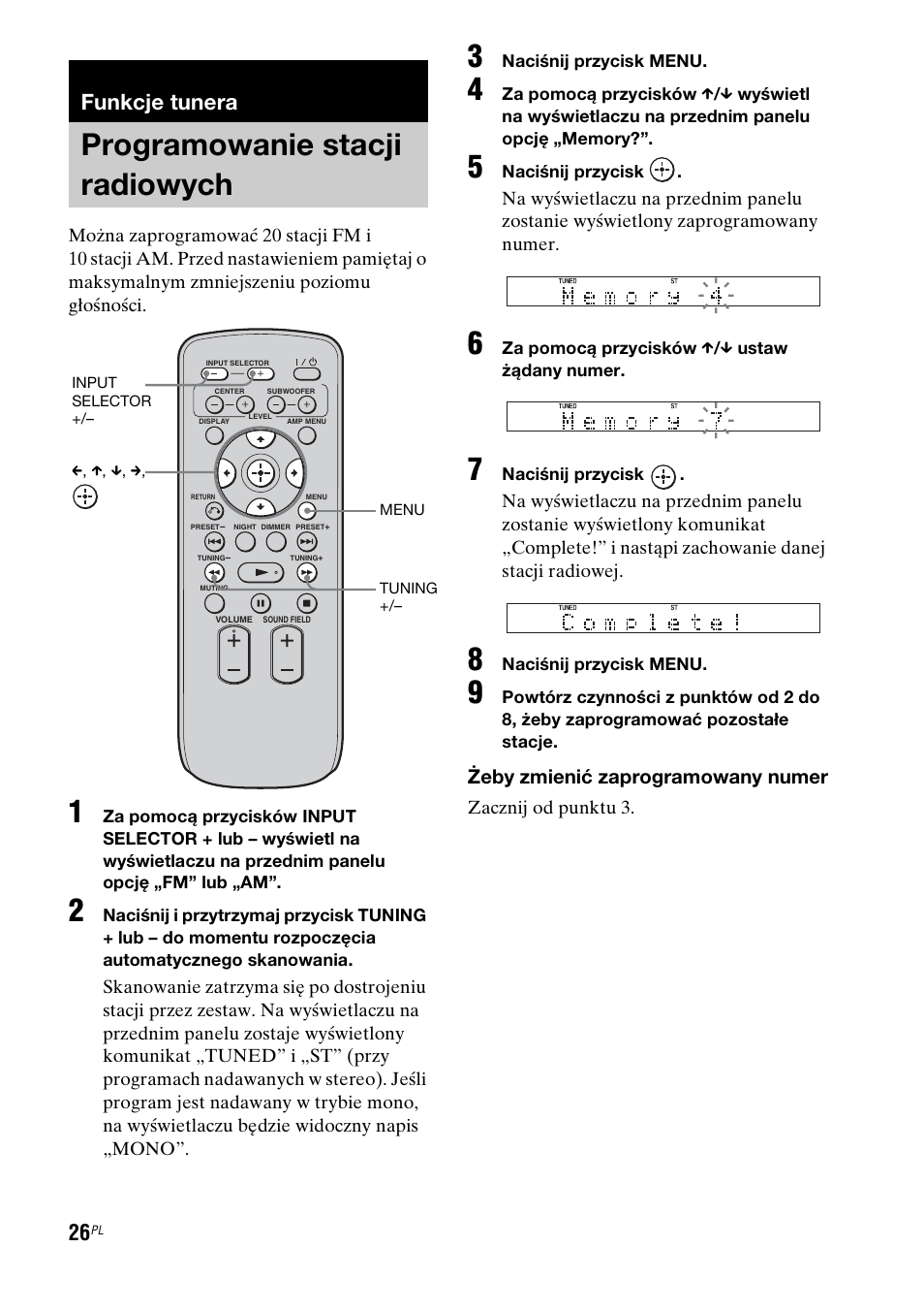 Funkcje tunera, Programowanie stacji radiowych, Żeby zmienić zaprogramowany numer | Sony RHT-G1550 User Manual | Page 170 / 196