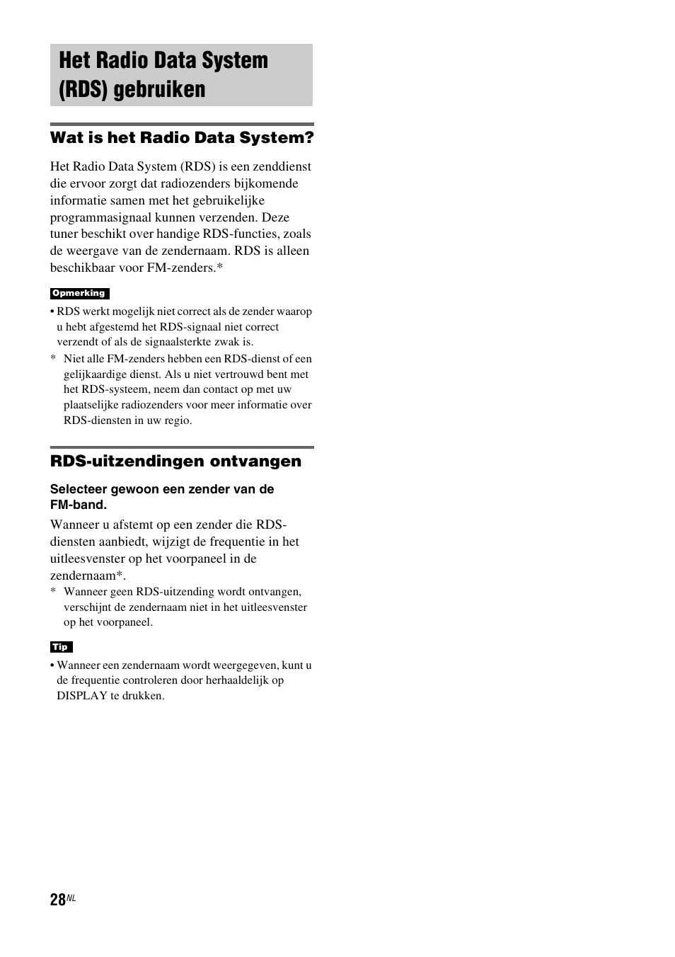 Het radio data system (rds) gebruiken, Het radio data system (rds), Gebruiken | Wat is het radio data system, Rds-uitzendingen ontvangen | Sony RHT-G1550 User Manual | Page 28 / 196