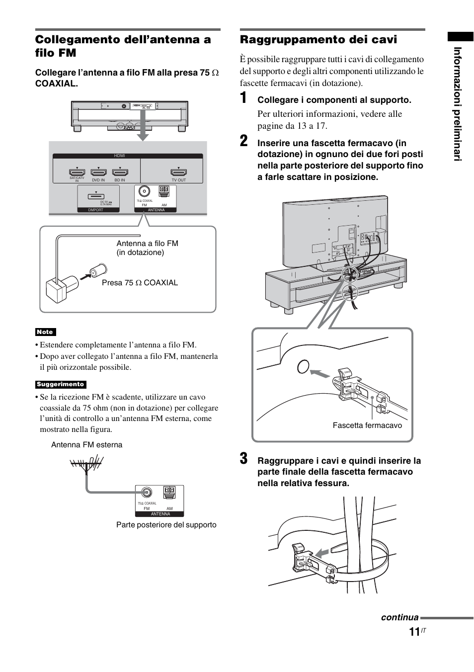 Collegamento dell’antenna a filo fm, Raggruppamento dei cavi, Inf o rm azi oni p relim inari | Sony RHT-G1550 User Manual | Page 59 / 196