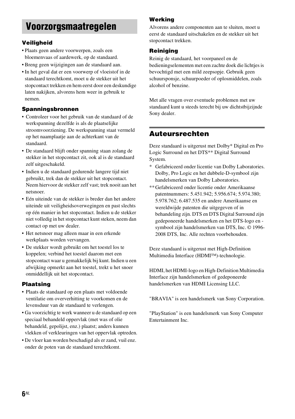 Voorzorgsmaatregelen, Auteursrechten | Sony RHT-G1550 User Manual | Page 6 / 196