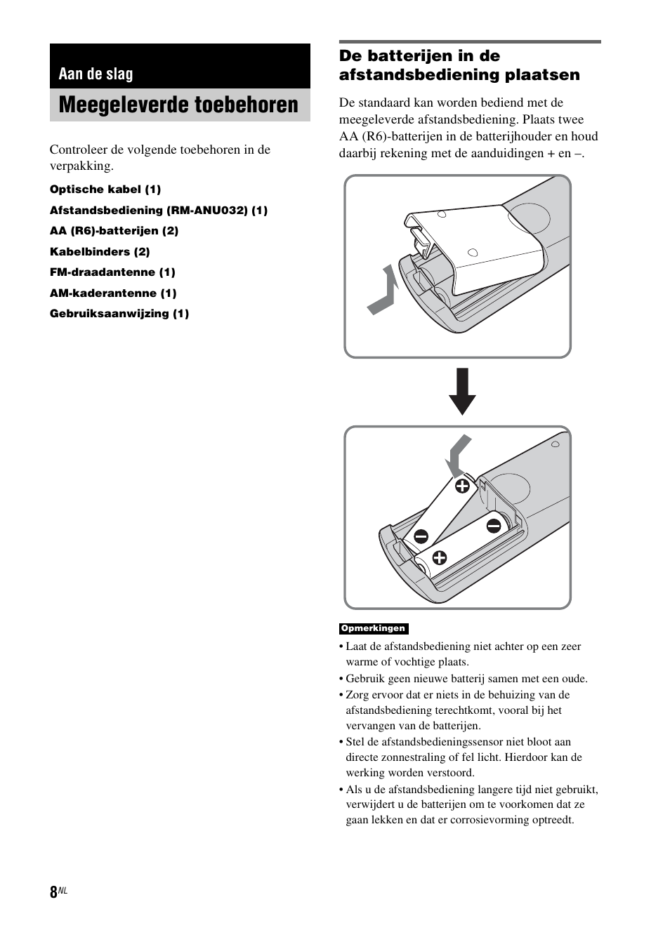 Aan de slag, Meegeleverde toebehoren, De batterijen in de afstandsbediening plaatsen | Sony RHT-G1550 User Manual | Page 8 / 196