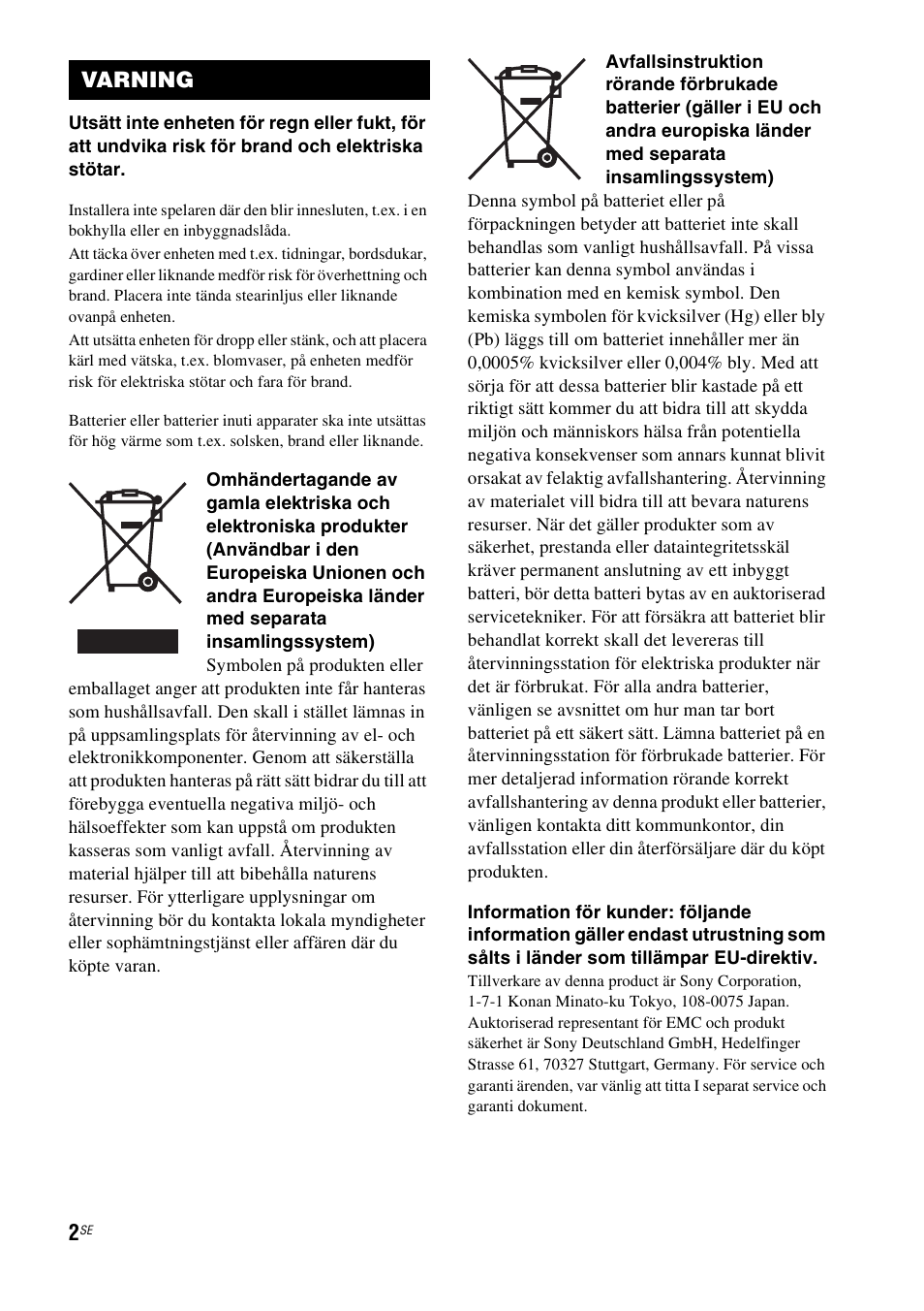 Varning | Sony RHT-G1550 User Manual | Page 98 / 196
