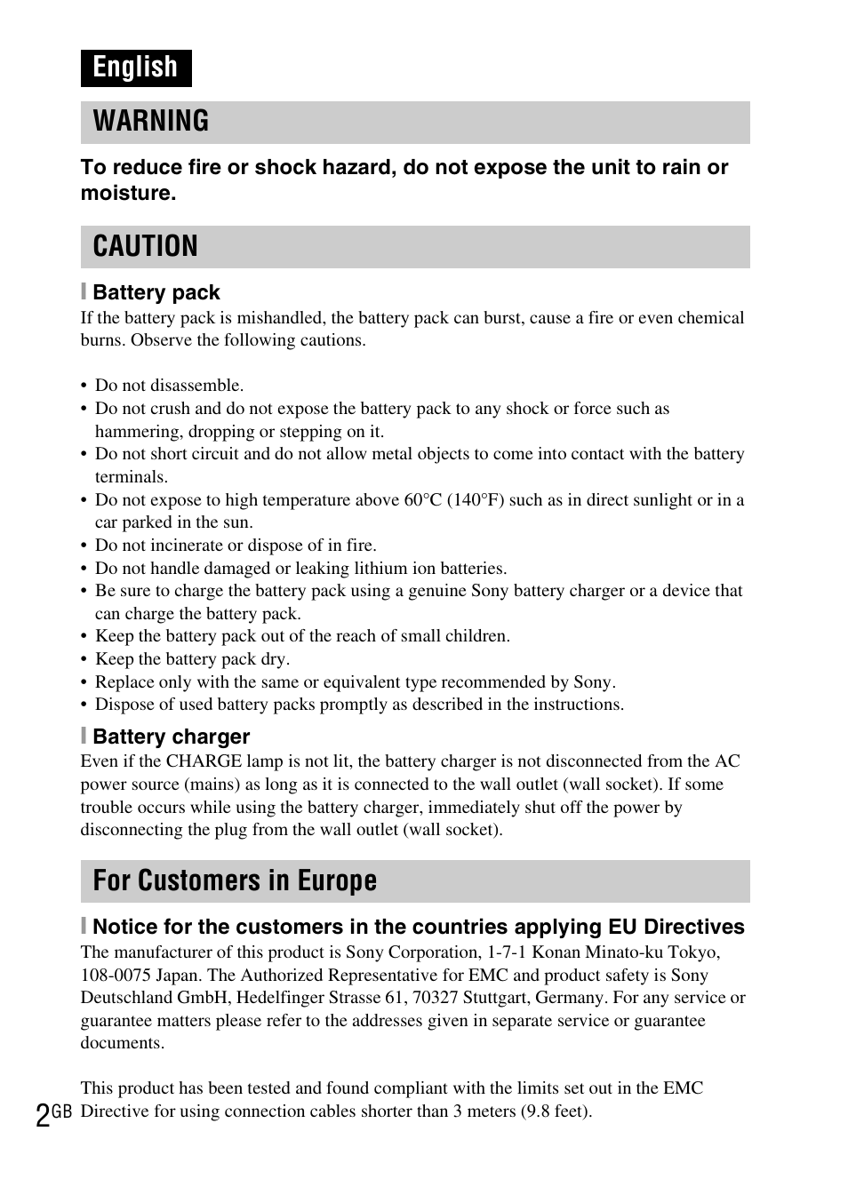 English, English warning caution for customers in europe | Sony DSC-WX1 User Manual | Page 2 / 483