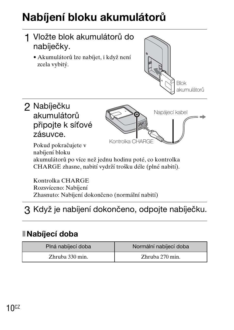Nabíjení bloku akumulátorů, Vložte blok akumulátorů do nabíječky, Nabíječku akumulátorů připojte k síťové zásuvce | Když je nabíjení dokončeno, odpojte nabíječku | Sony DSC-WX1 User Manual | Page 206 / 483