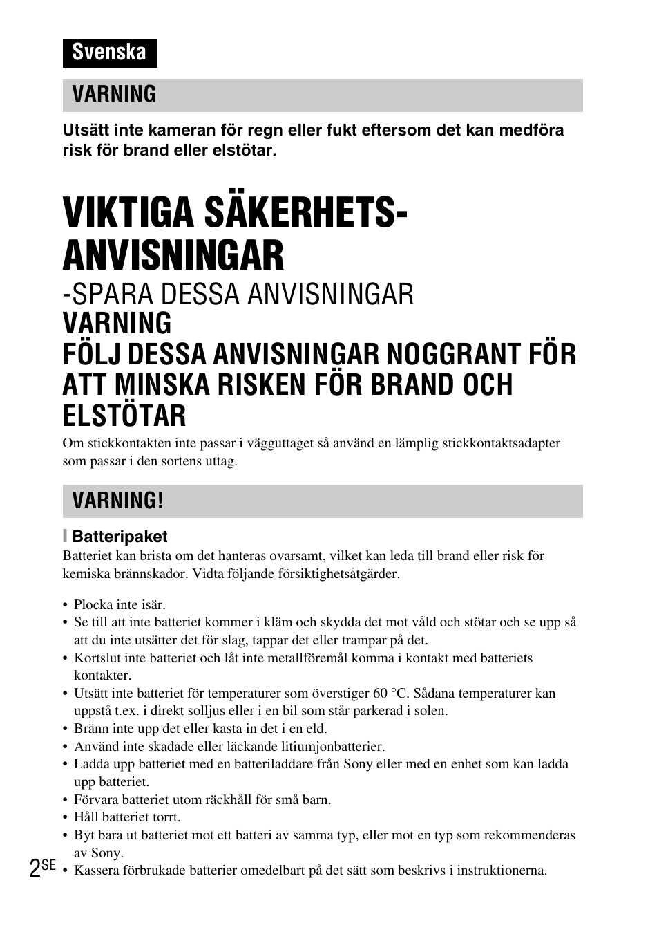 Svenska, Viktiga säkerhets- anvisningar, Svenska varning varning | Sony DSC-WX1 User Manual | Page 274 / 483