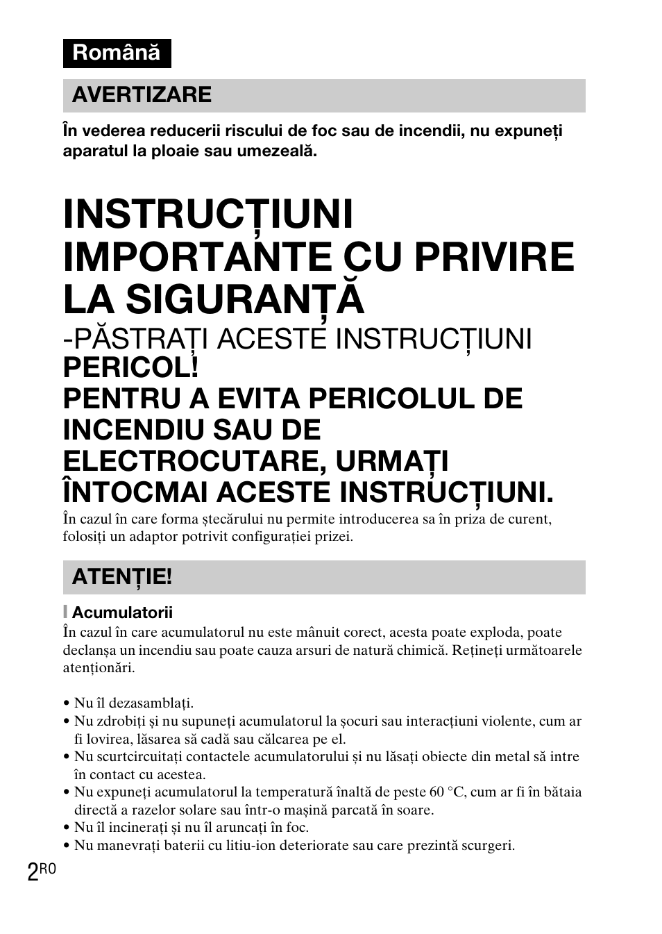 Română, Instrucţiuni importante cu privire la siguranţă, Română avertizare atenţie | Sony DSC-WX1 User Manual | Page 396 / 483