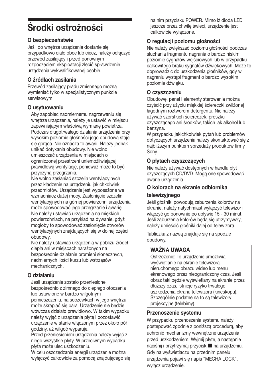 Środki ostrożności | Sony DAV-S888 User Manual | Page 434 / 516