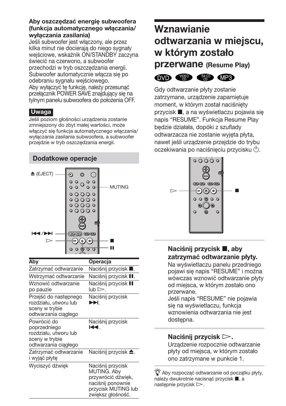 Resume play), Naciśnij przycisk h, Dodatkowe operacje | Sony DAV-S888 User Manual | Page 462 / 516