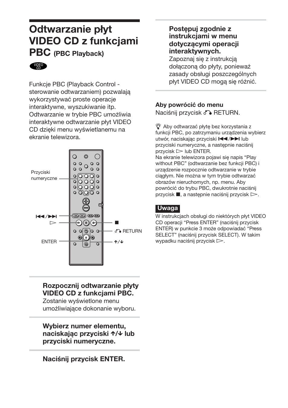 Odtwarzanie płyt video cd z funkcjami pbc, Pbc playback), Naciśnij przycisk enter | Sony DAV-S888 User Manual | Page 464 / 516