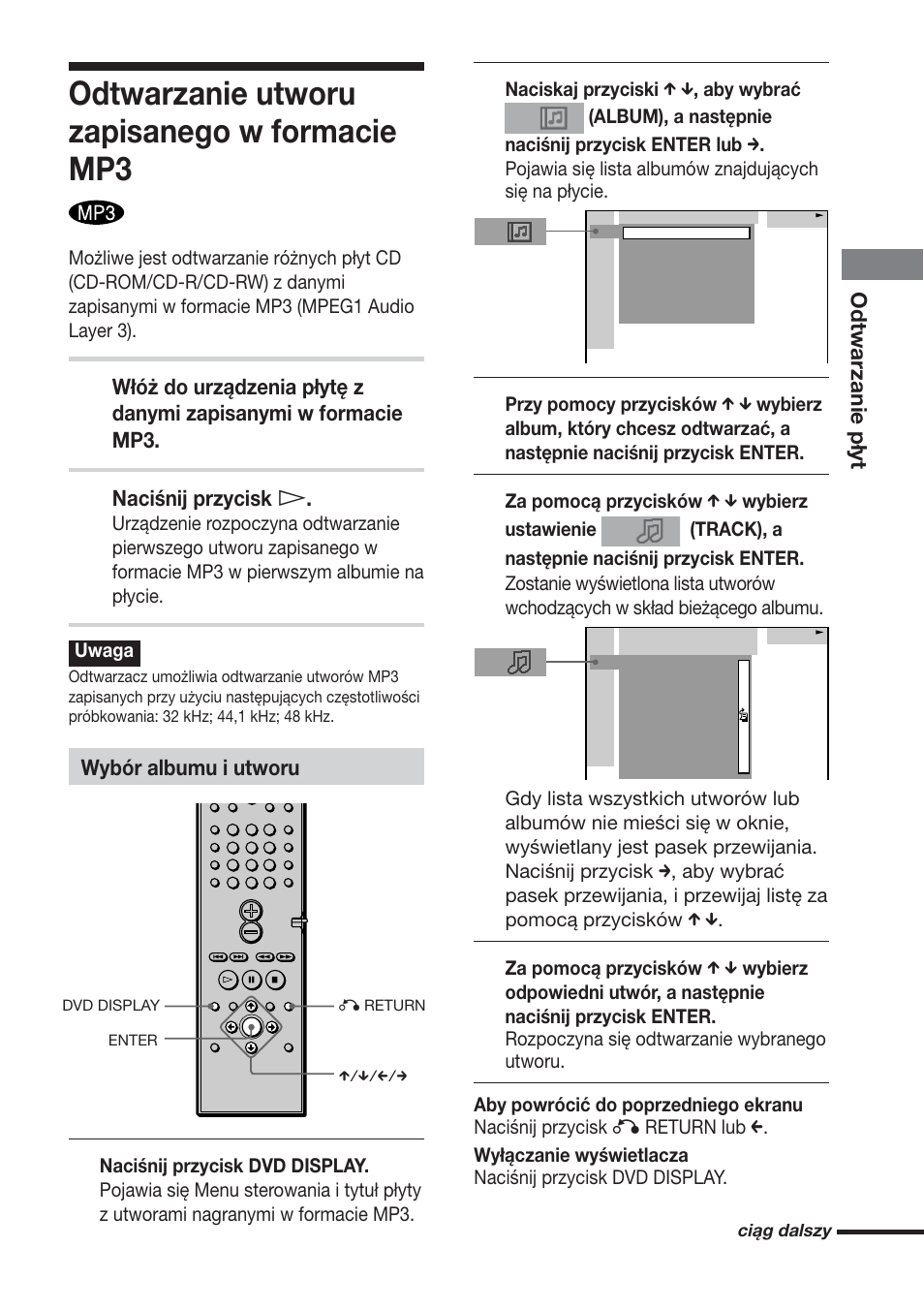 Odtwarzanie utworu zapisanego w formacie mp3, Odtwarzanie płyt, Naciśnij przycisk h | Wybór albumu i utworu | Sony DAV-S888 User Manual | Page 465 / 516
