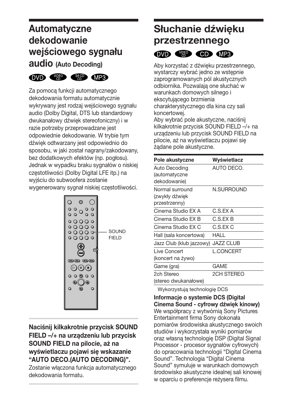 Automatyczne dekodowanie wejściowego sygnału audio, Słuchanie dźwięku przestrzennego | Sony DAV-S888 User Manual | Page 478 / 516