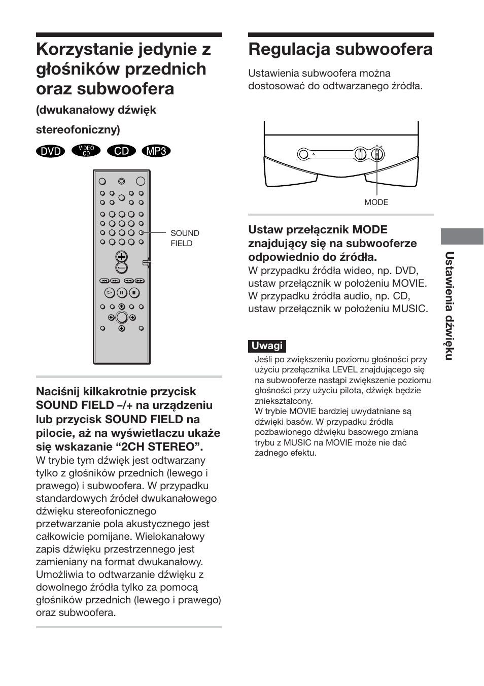 Regulacja subwoofera, Ustawienia dźwięku, Dwukanałowy dźwięk stereofoniczny) | Sony DAV-S888 User Manual | Page 481 / 516