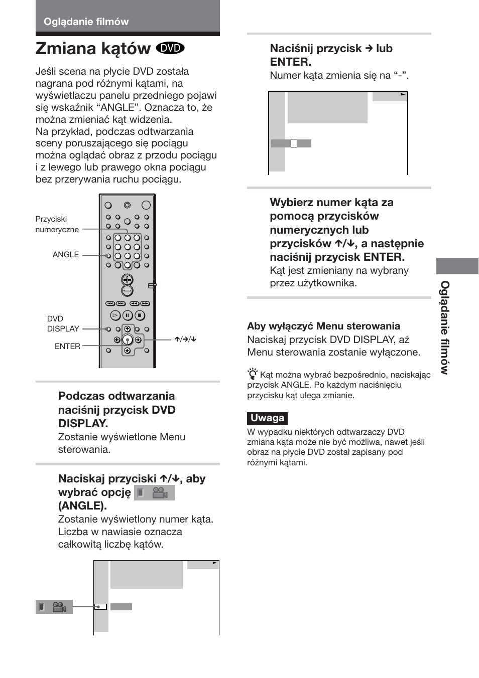 Zmiana kątów, Oglądanie filmów, Podczas odtwarzania naciśnij przycisk dvd display | Naciśnij przycisk c lub enter | Sony DAV-S888 User Manual | Page 483 / 516