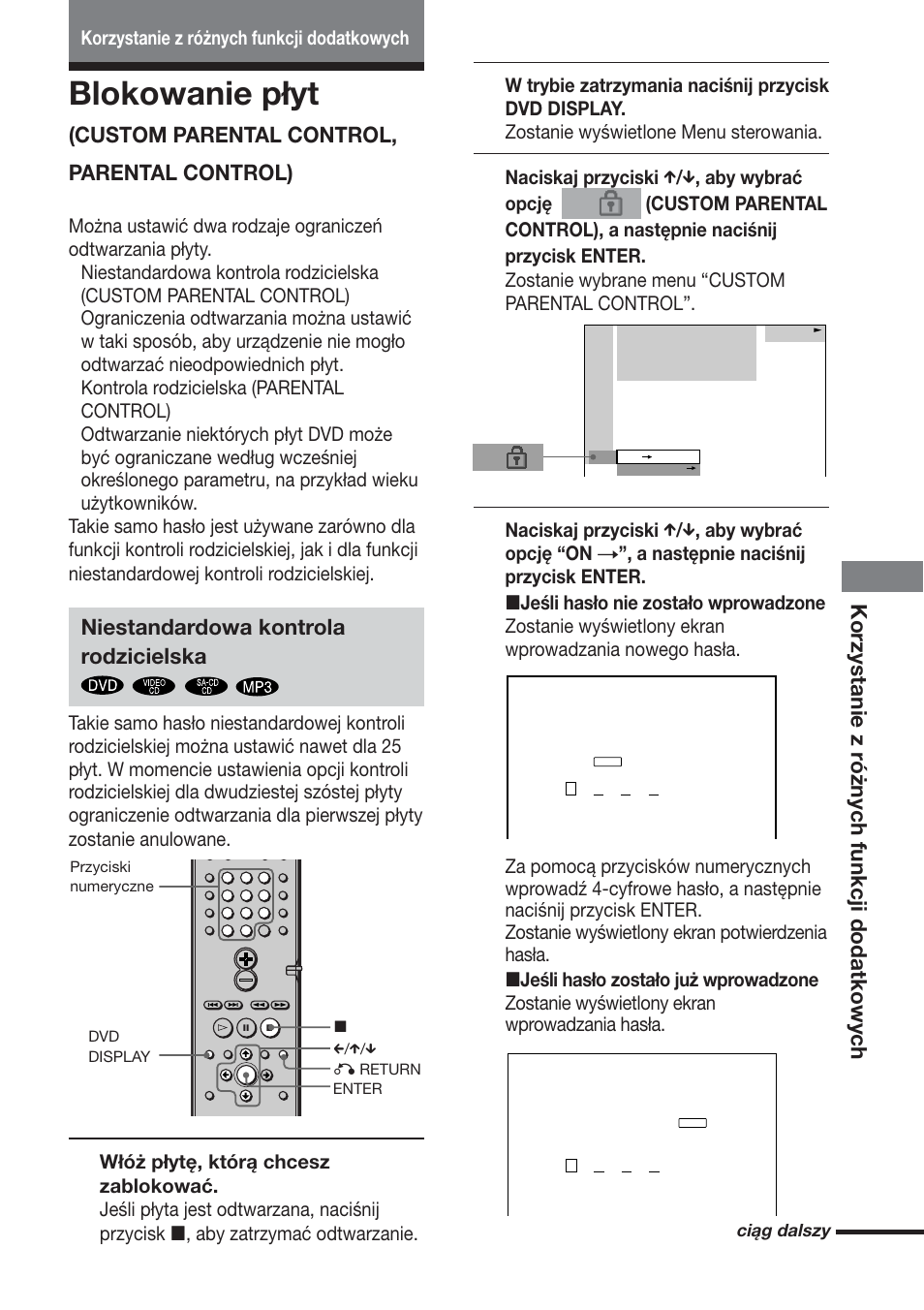 Blokowanie płyt, Korzystanie z różnych funkcji dodatkowych, Custom parental control, parental control) | Niestandardowa kontrola rodzicielska | Sony DAV-S888 User Manual | Page 485 / 516