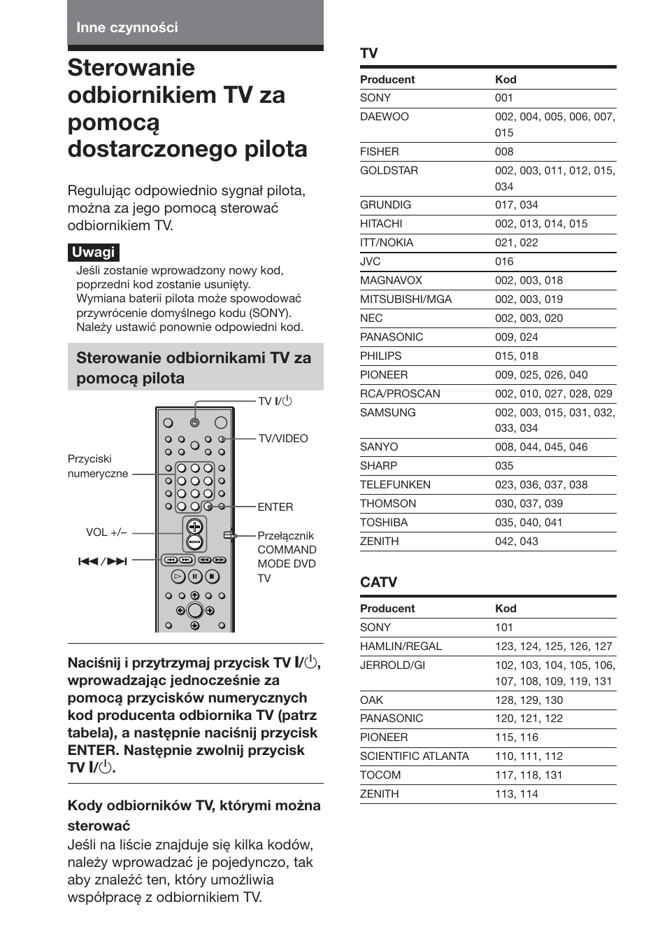 Sterowanie odbiornikami tv za pomocą pilota, Catv, Inne czynności | Sony DAV-S888 User Manual | Page 490 / 516