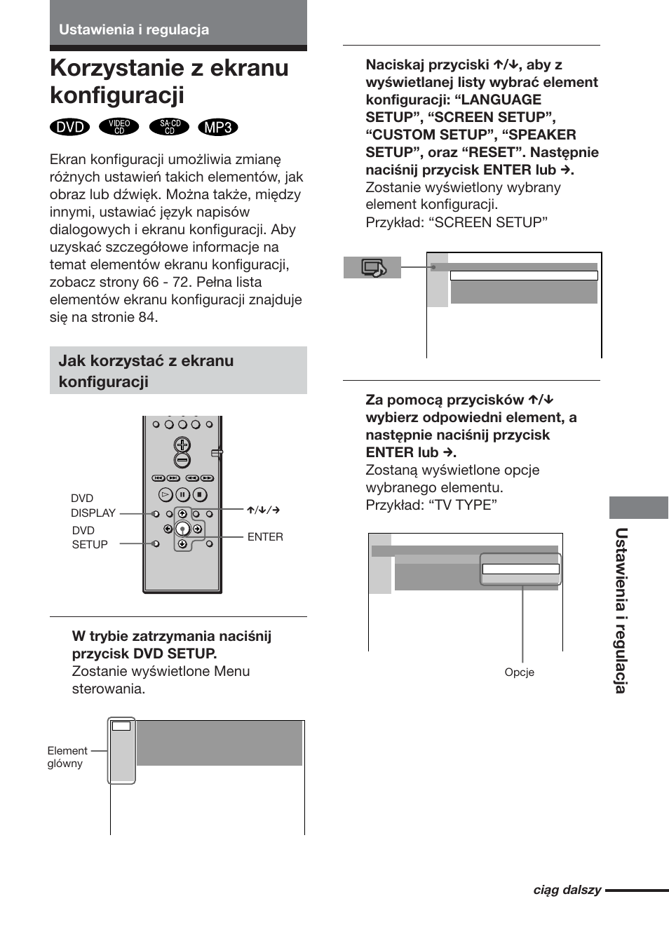 Korzystanie z ekranu konfiguracji, Ustawienia i r egulacja, Jak korzystać z ekranu konfiguracji | Sony DAV-S888 User Manual | Page 495 / 516
