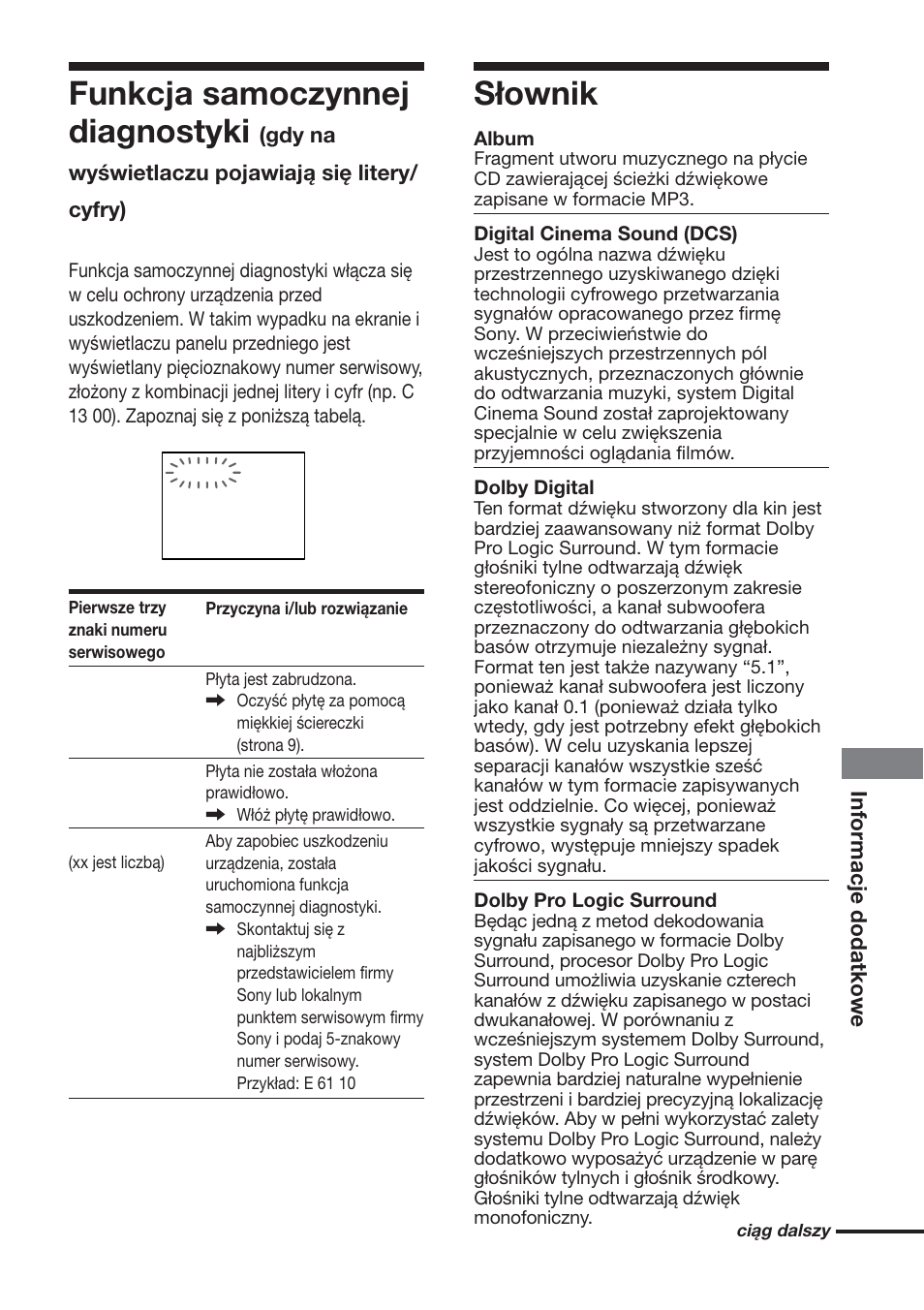 Funkcja samoczynnej diagnostyki, Słownik | Sony DAV-S888 User Manual | Page 507 / 516