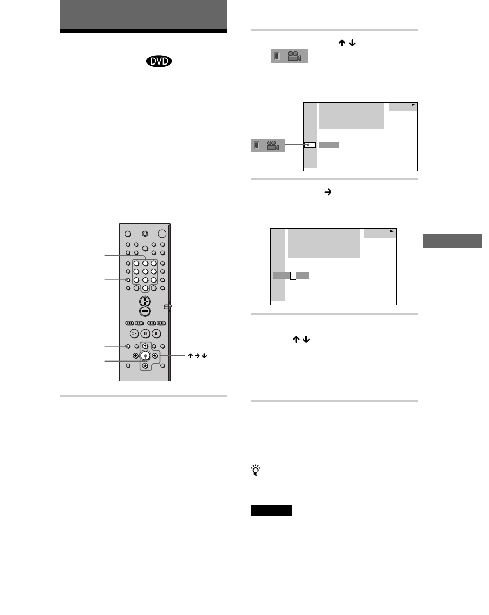 Wechseln des blickwinkels, Wieder g eben v on filmen, Wählen sie mit x / x die option (blickwinkel) | Drücken sie c oder enter, Drücken sie während der wiedergabe dvd display | Sony DAV-S888 User Manual | Page 53 / 516