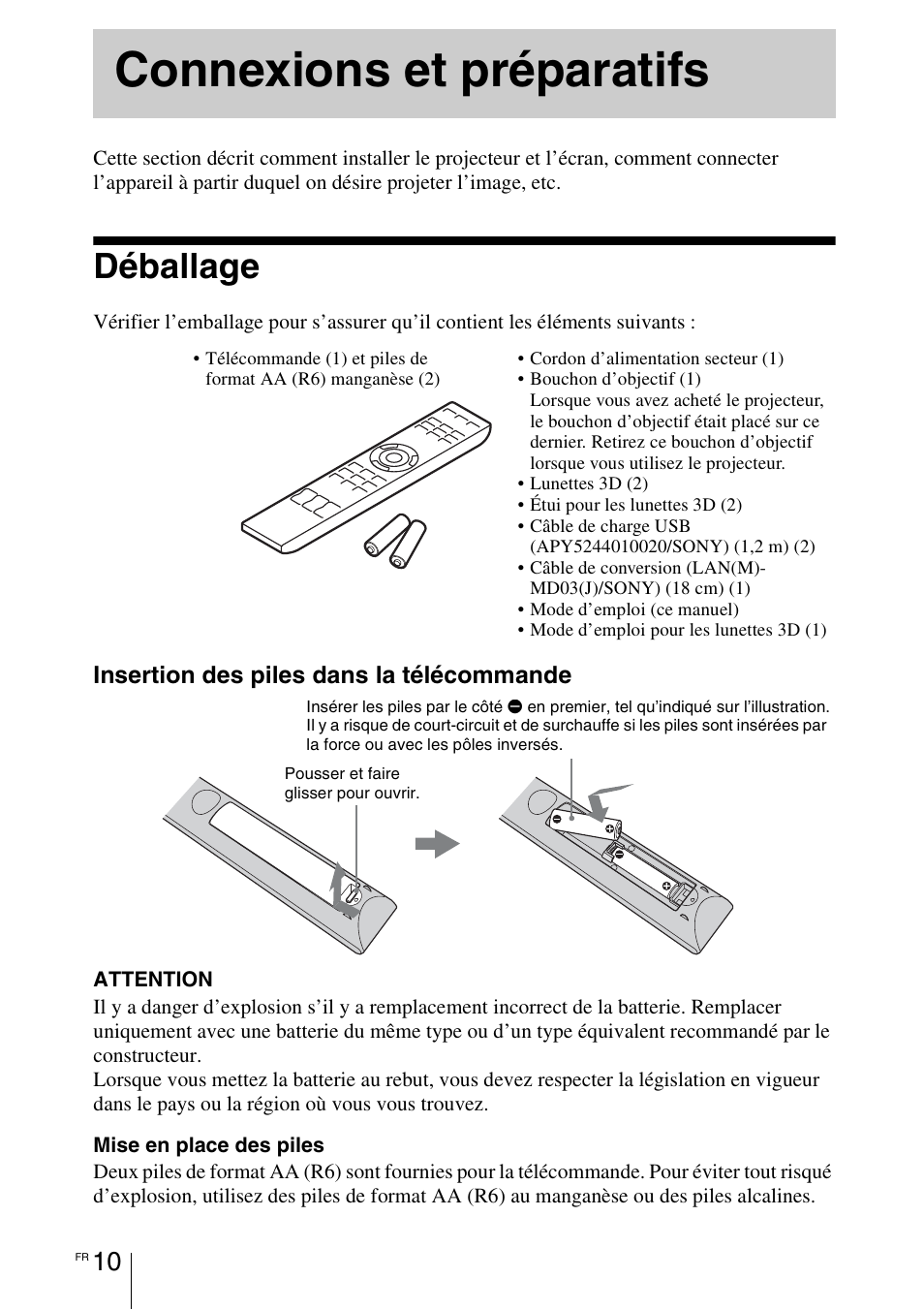 Connexions et préparatifs, Déballage | Sony VPL-HW55ES User Manual | Page 100 / 459