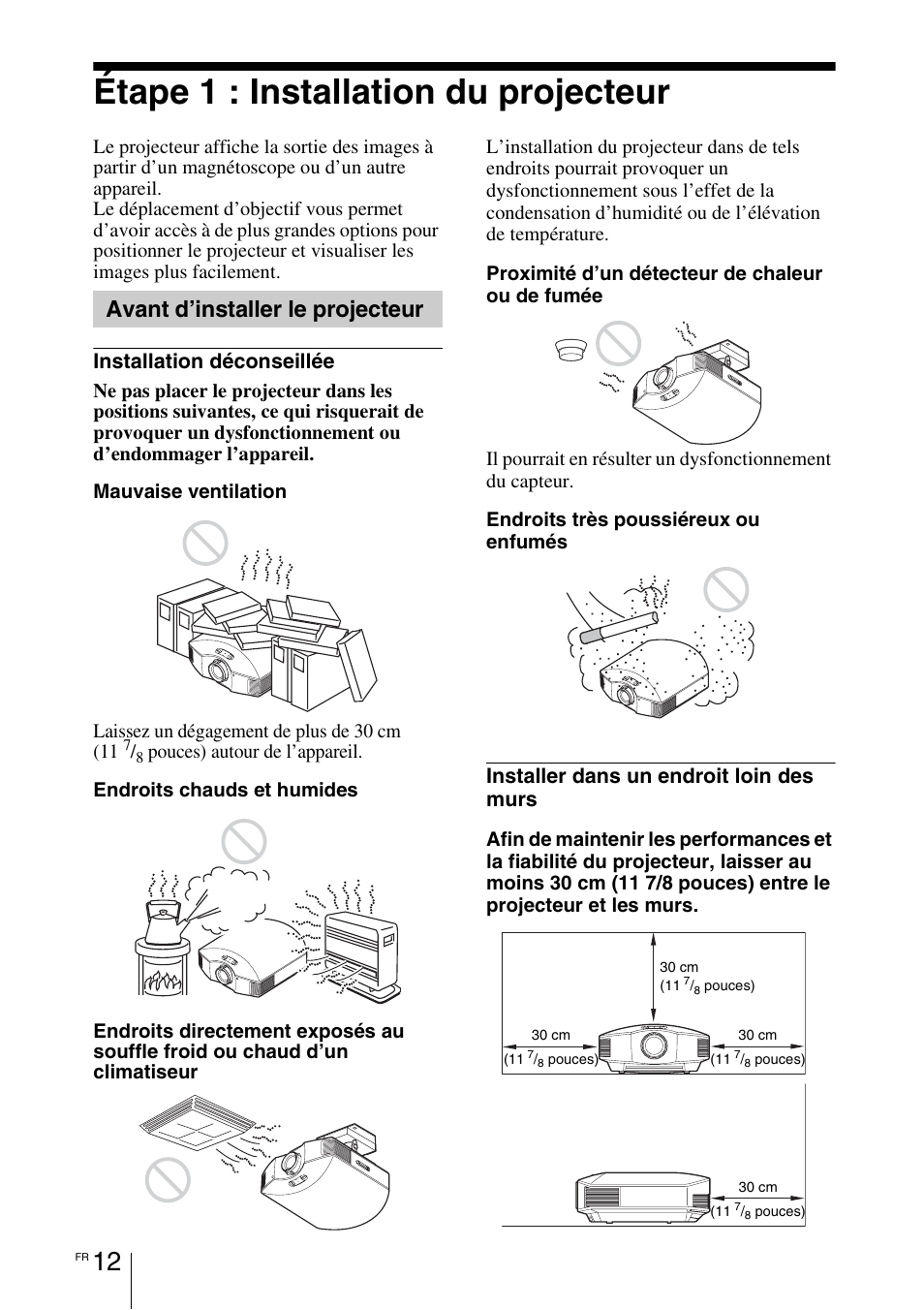 Étape 1 : installation du projecteur, Avant d’installer le projecteur, Installation déconseillée | Installer dans un endroit loin des murs | Sony VPL-HW55ES User Manual | Page 102 / 459