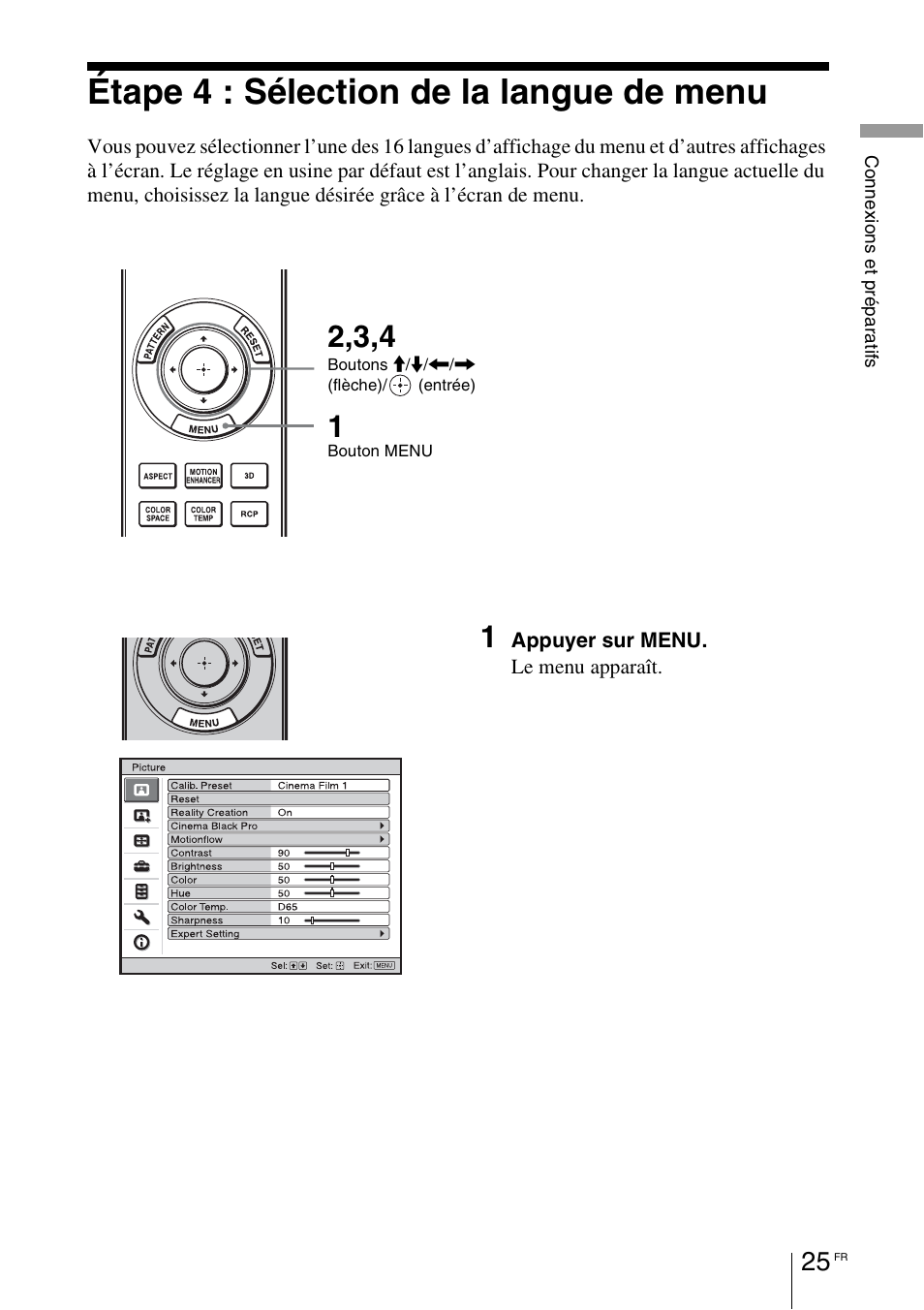 Étape 4 : sélection de la langue de menu | Sony VPL-HW55ES User Manual | Page 115 / 459