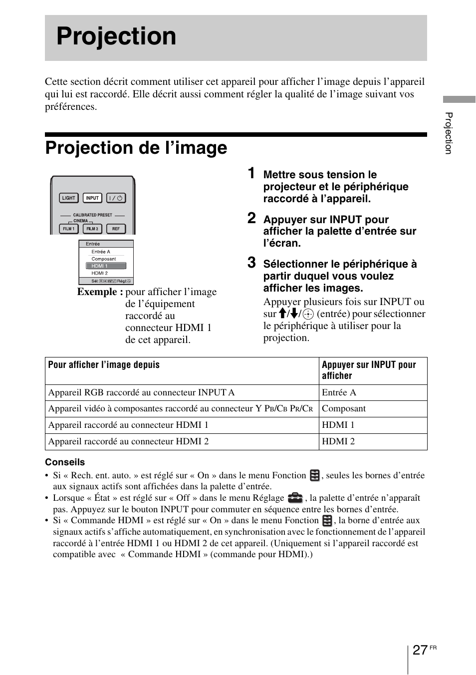 Projection, Projection de l’image | Sony VPL-HW55ES User Manual | Page 117 / 459