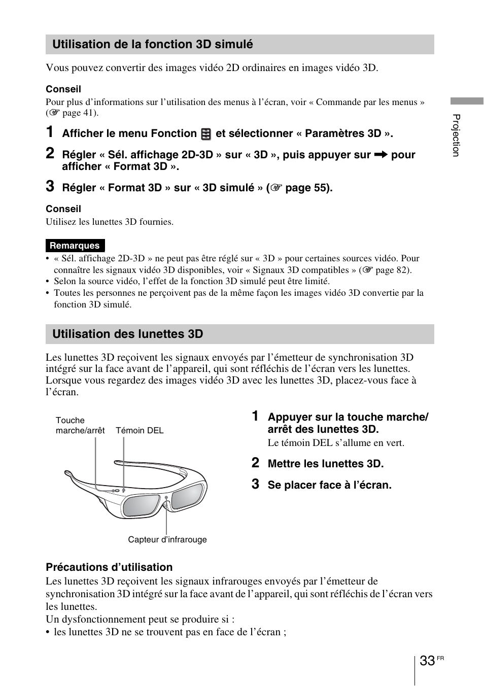 Utilisation de la fonction 3d simulé, Utilisation des lunettes 3d | Sony VPL-HW55ES User Manual | Page 123 / 459