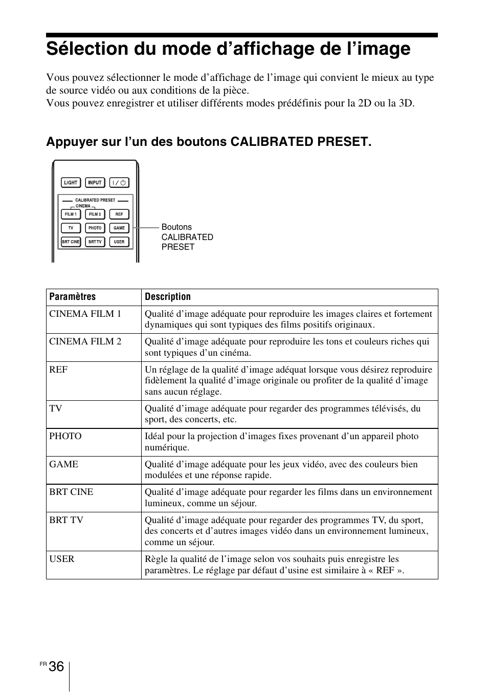 Sélection du mode d’affichage de l’image, Appuyer sur l’un des boutons calibrated preset | Sony VPL-HW55ES User Manual | Page 126 / 459