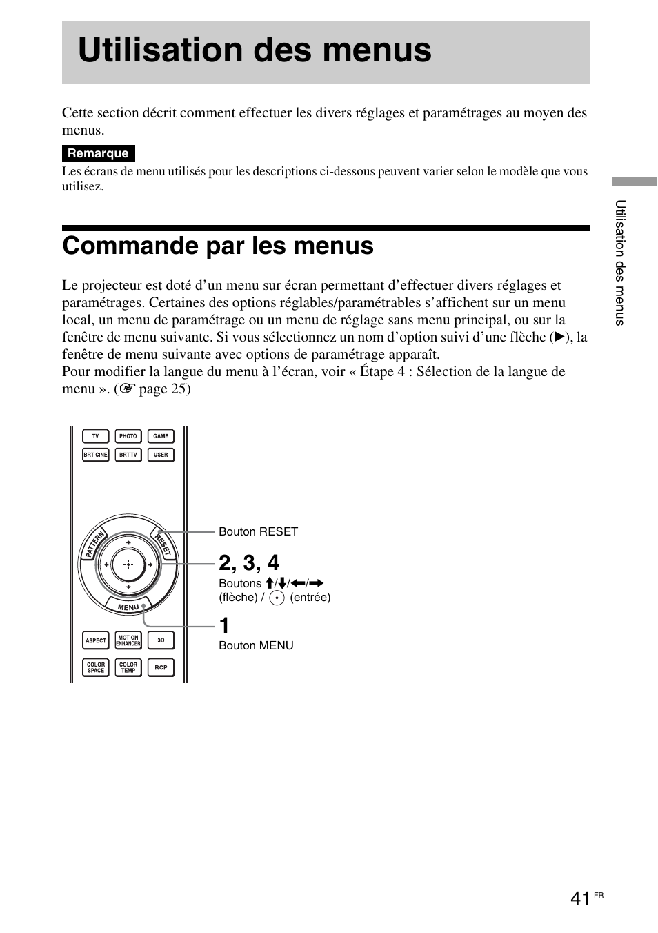Utilisation des menus, Commande par les menus | Sony VPL-HW55ES User Manual | Page 131 / 459