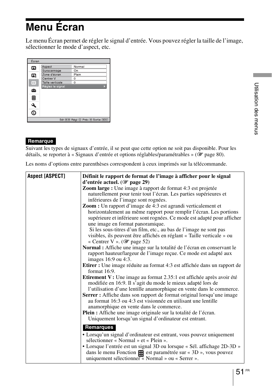 Menu écran | Sony VPL-HW55ES User Manual | Page 141 / 459