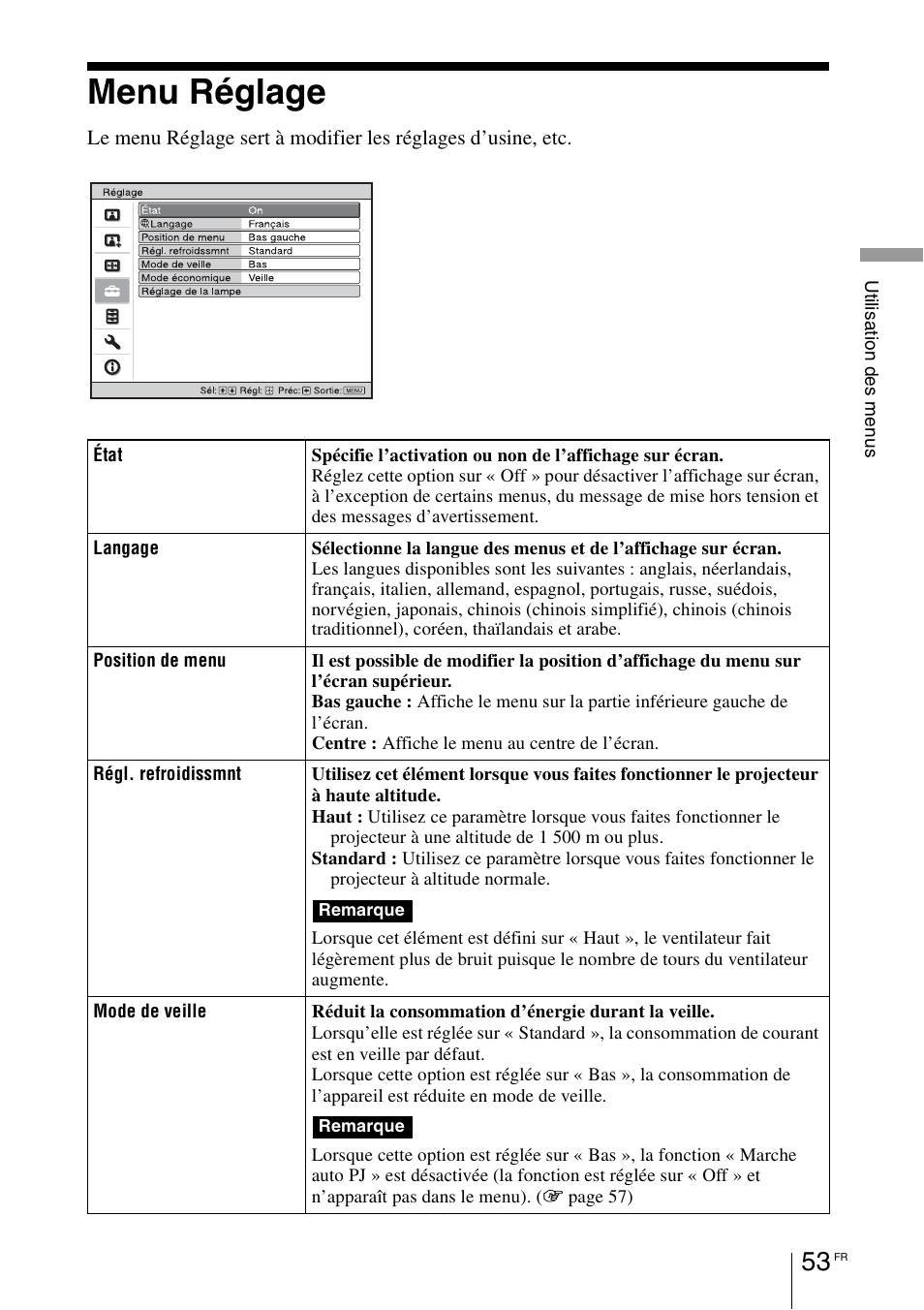 Menu réglage | Sony VPL-HW55ES User Manual | Page 143 / 459