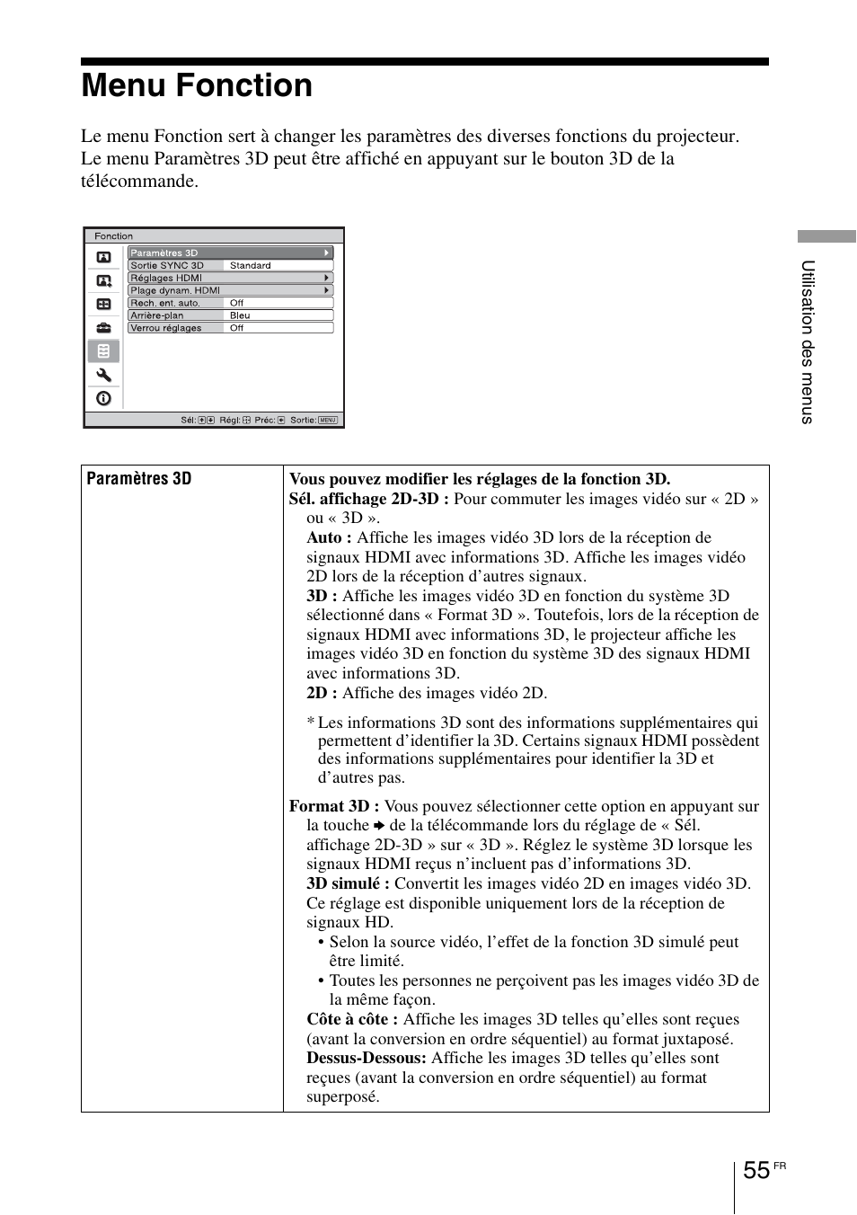 Menu fonction, Paramètres | Sony VPL-HW55ES User Manual | Page 145 / 459