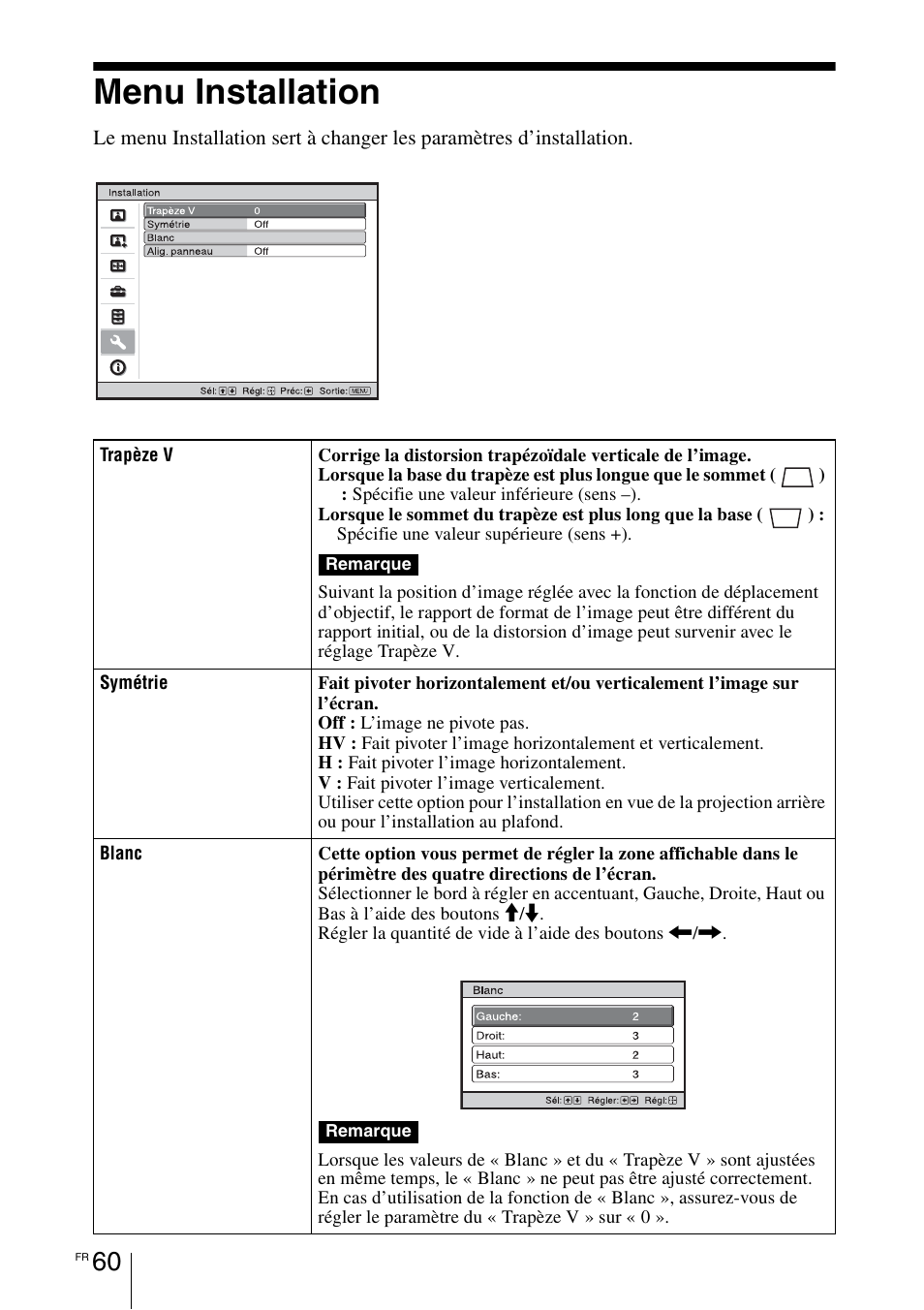 Menu installation | Sony VPL-HW55ES User Manual | Page 150 / 459